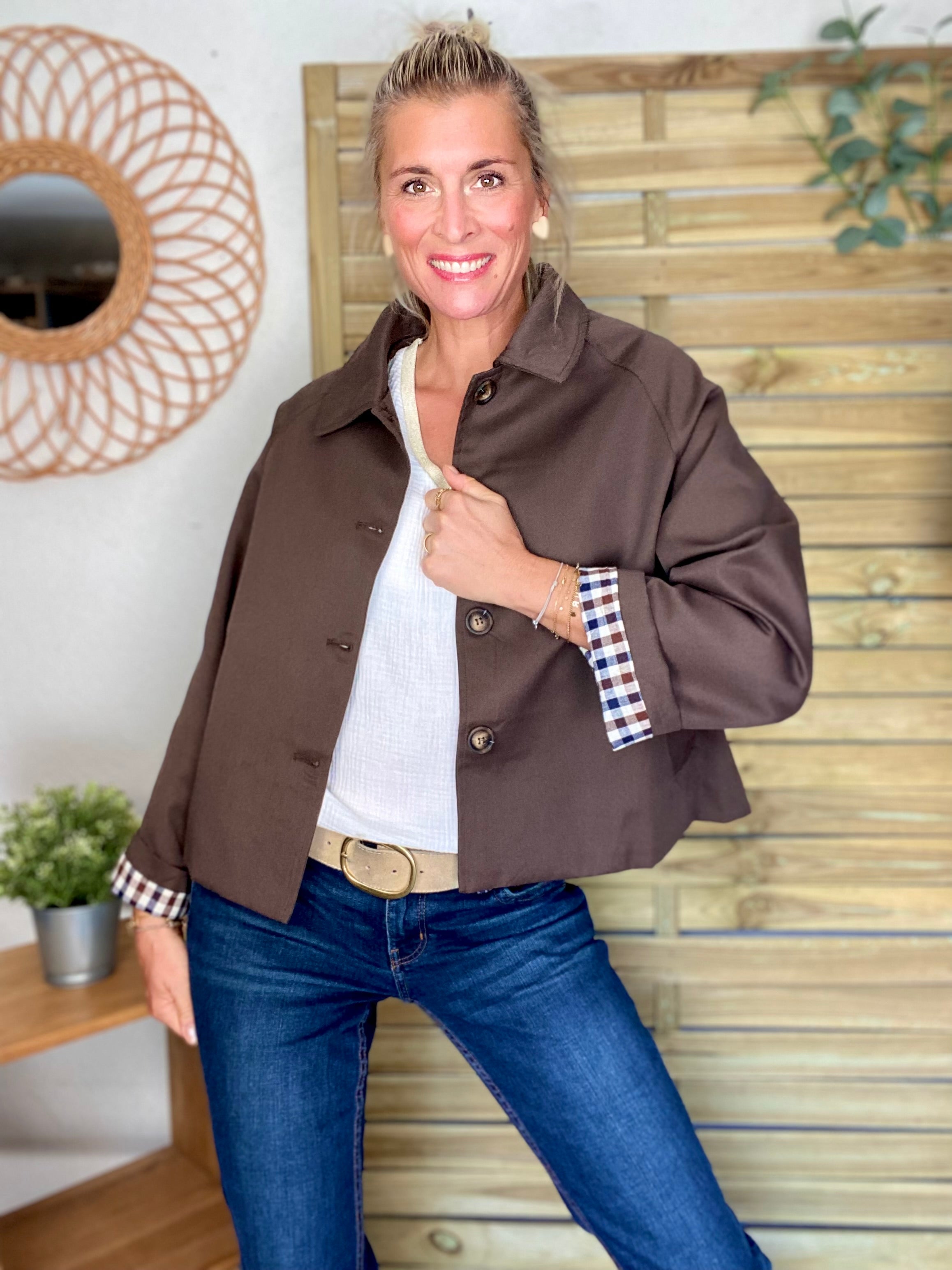 Veste Trench en coton avec vichy - YSEULT court Chocolat