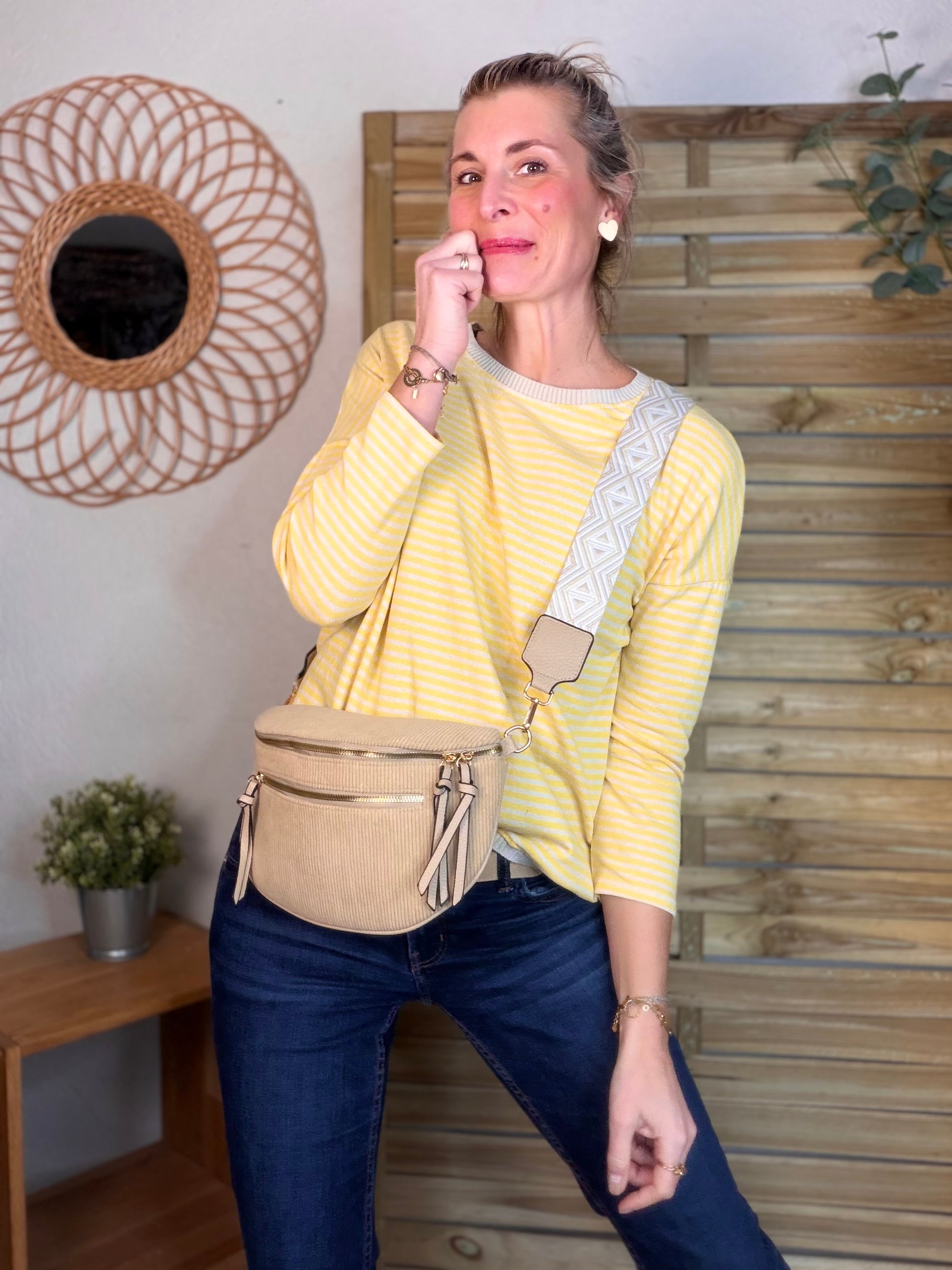Sac banane en velours côtelé, sangle fantaisie - KATY - Camel clair