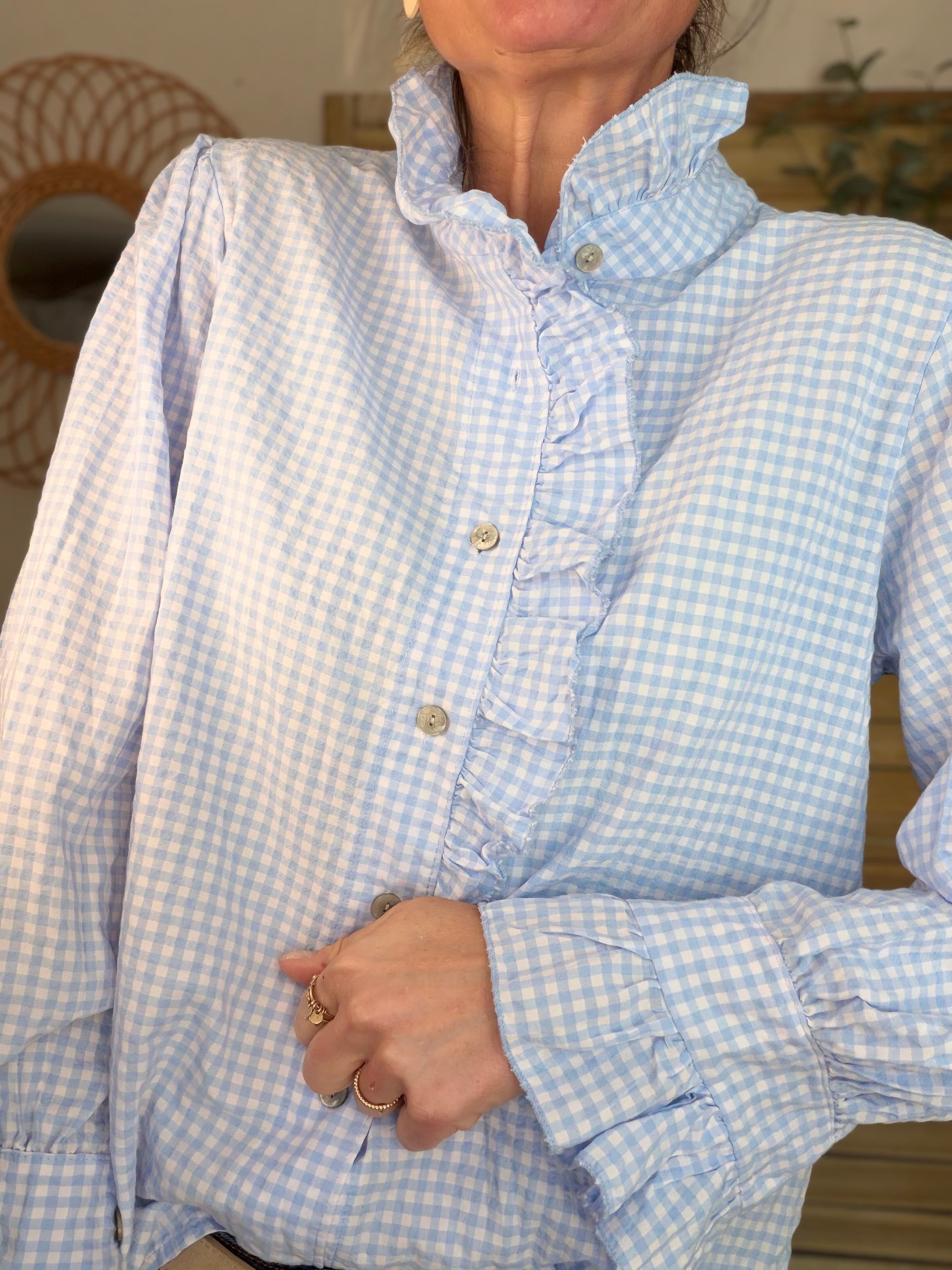 Chemise imprimée Vichy col volanté IRÈNE - Bleu ciel