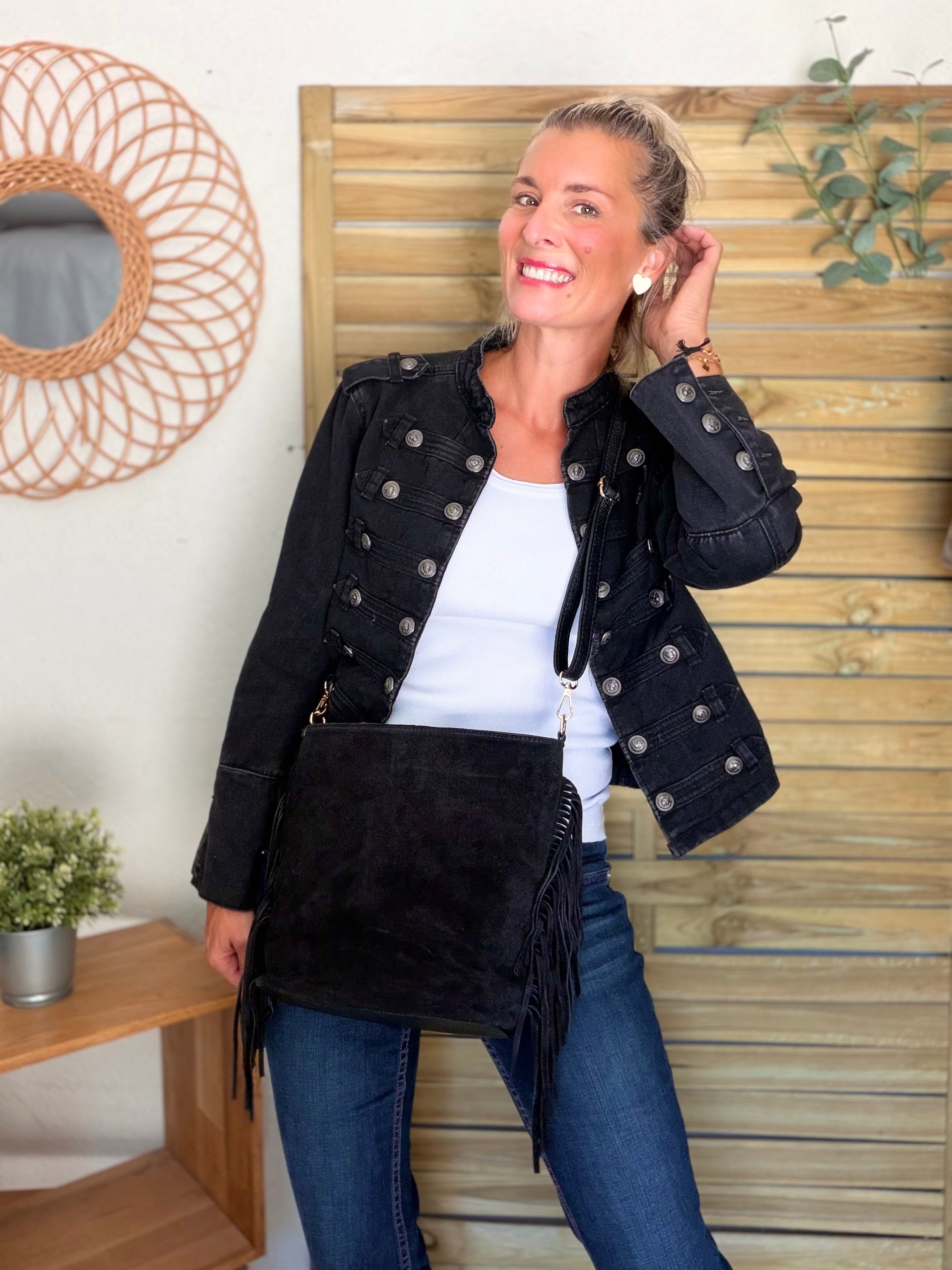 Sac seau en cuir daim avec franges KYLIE - Noir