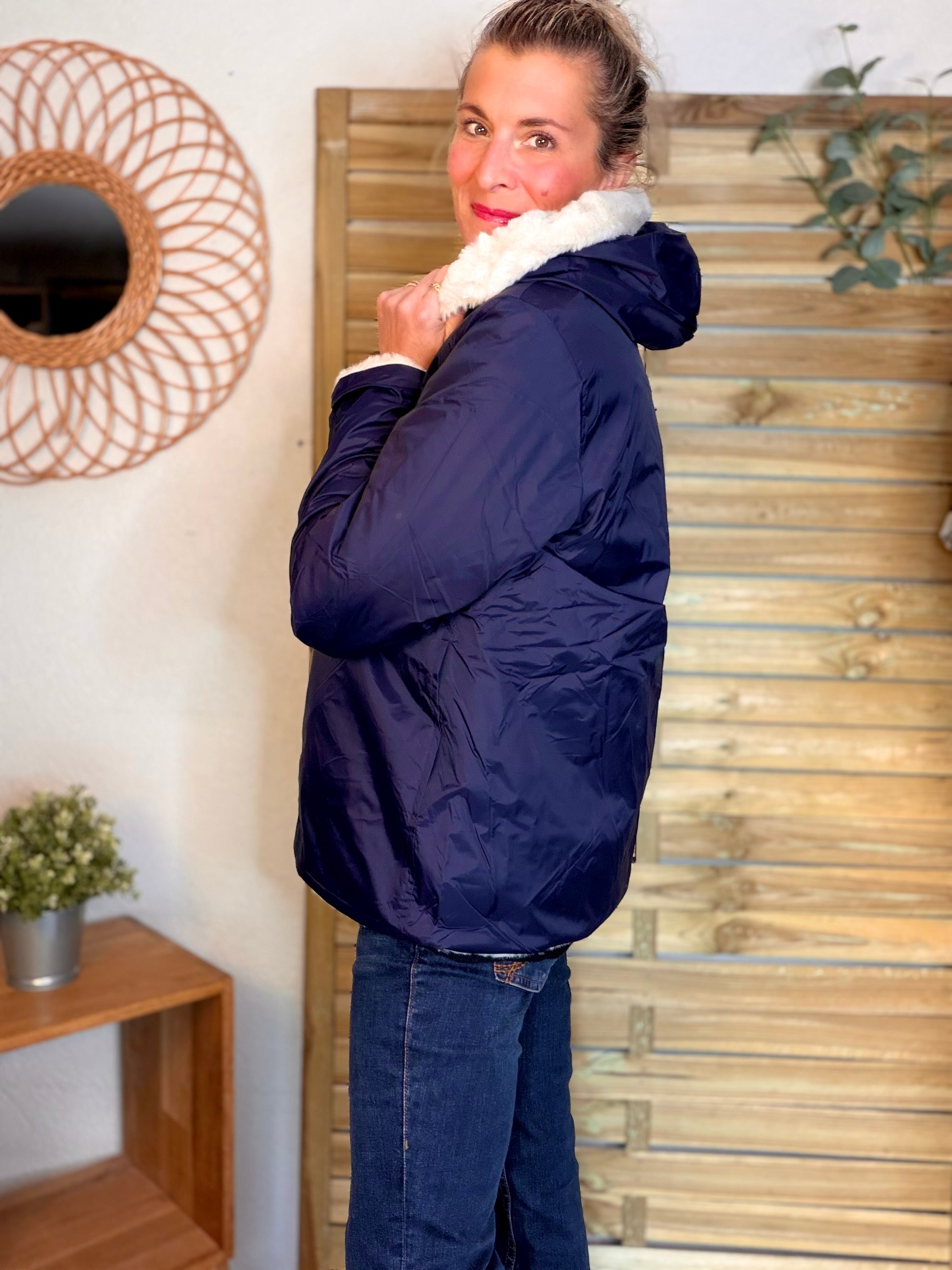 Parka Imperméable réversible fourrée Marine / Beige ALIX Court - LAURA JO