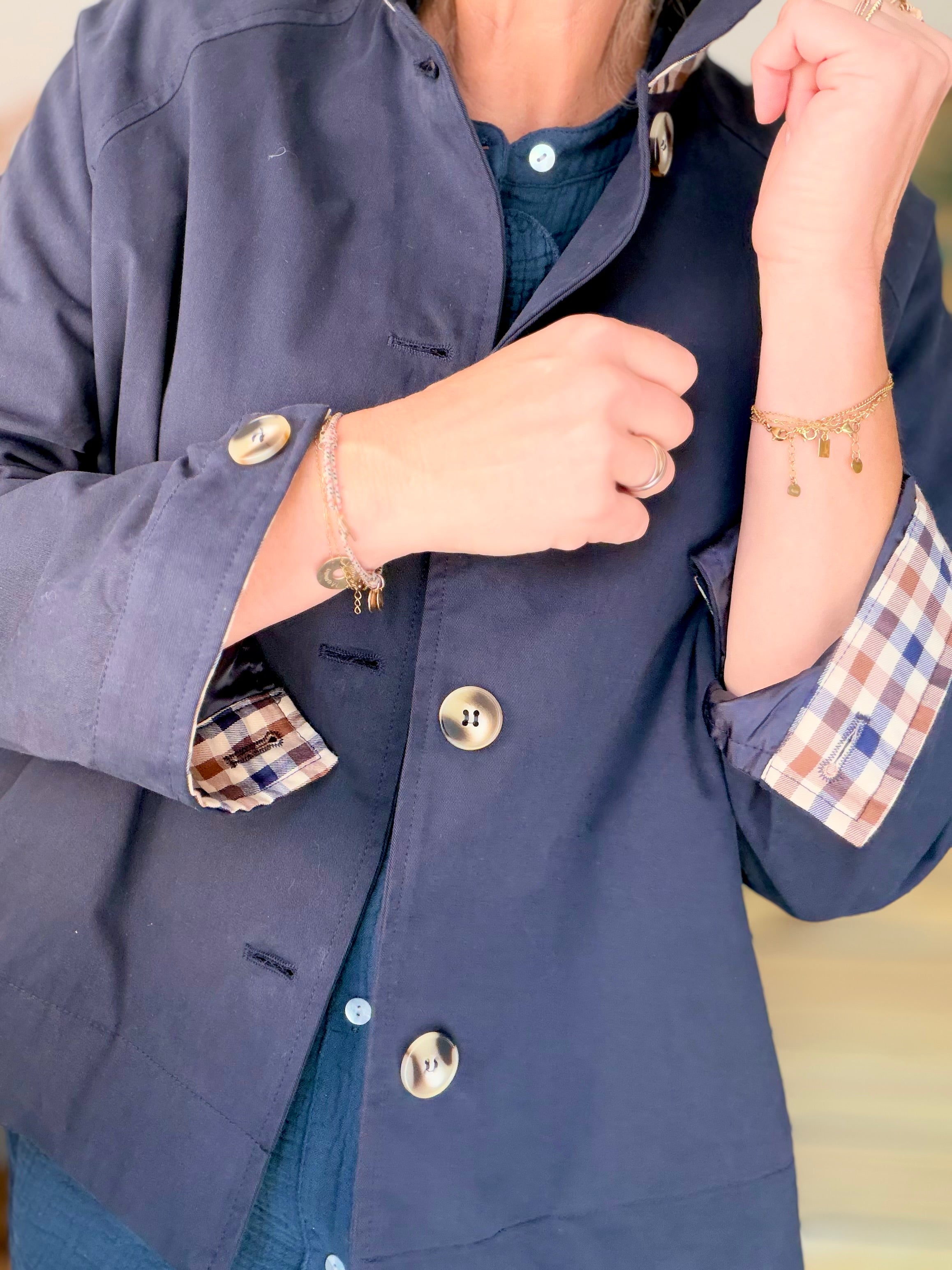 Veste Trench en coton avec carreaux - SOLÈNE Bleu marine