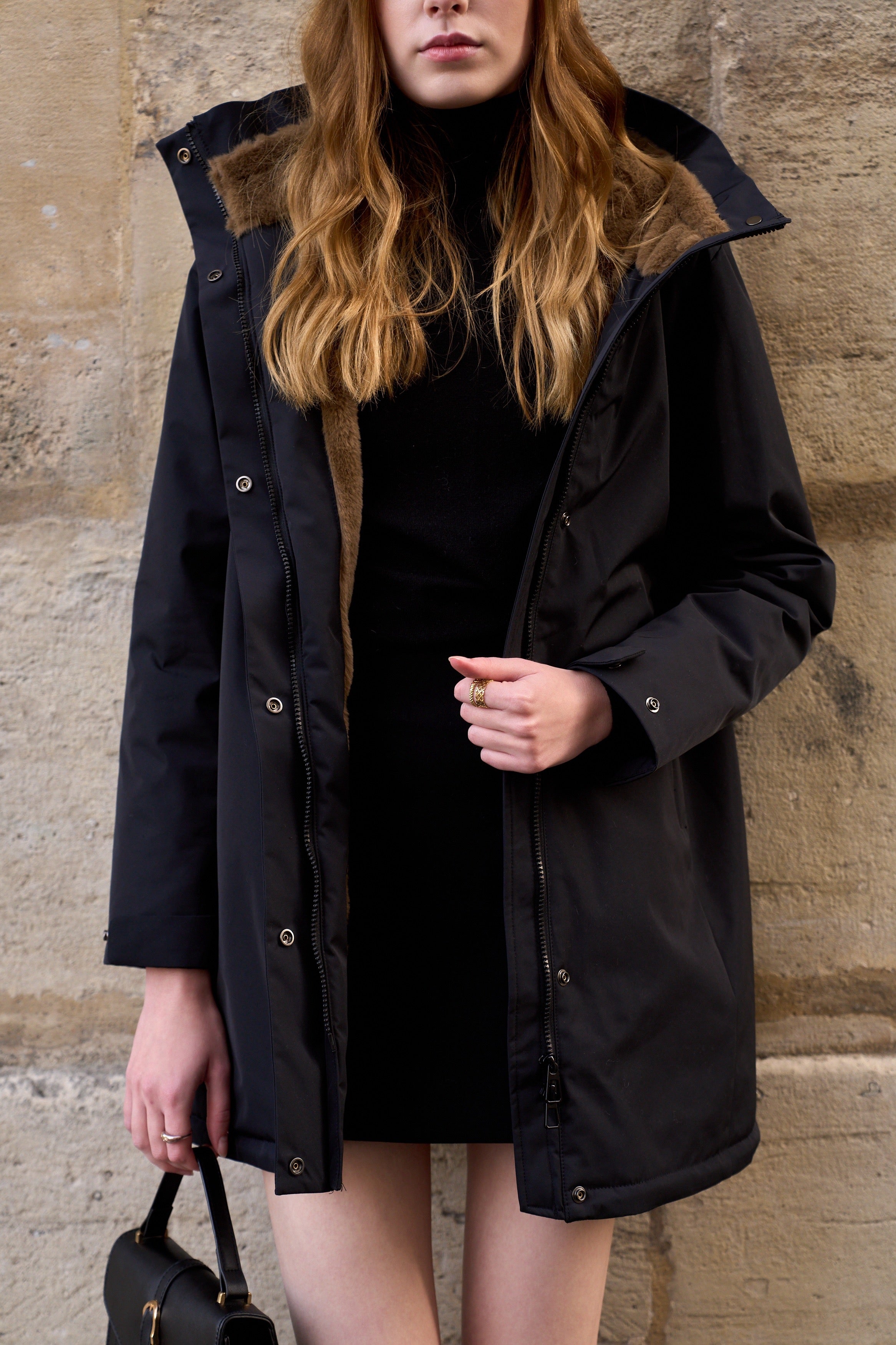 Parka fourrée imperméable AMBRE - Noir / Camel - LAURA JO