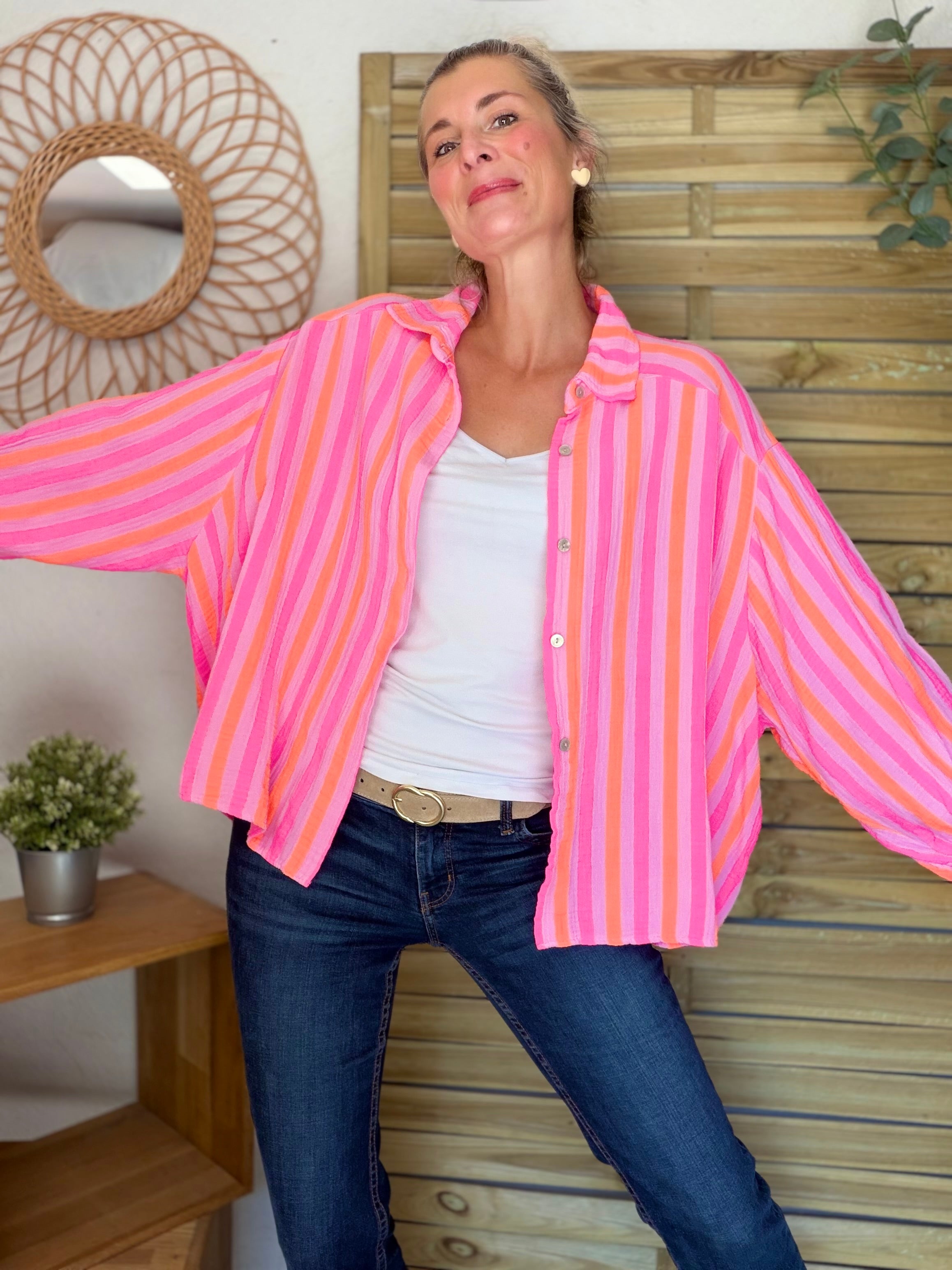 Chemise en gaze de coton rayée FÉLICIE Fluo Parme
