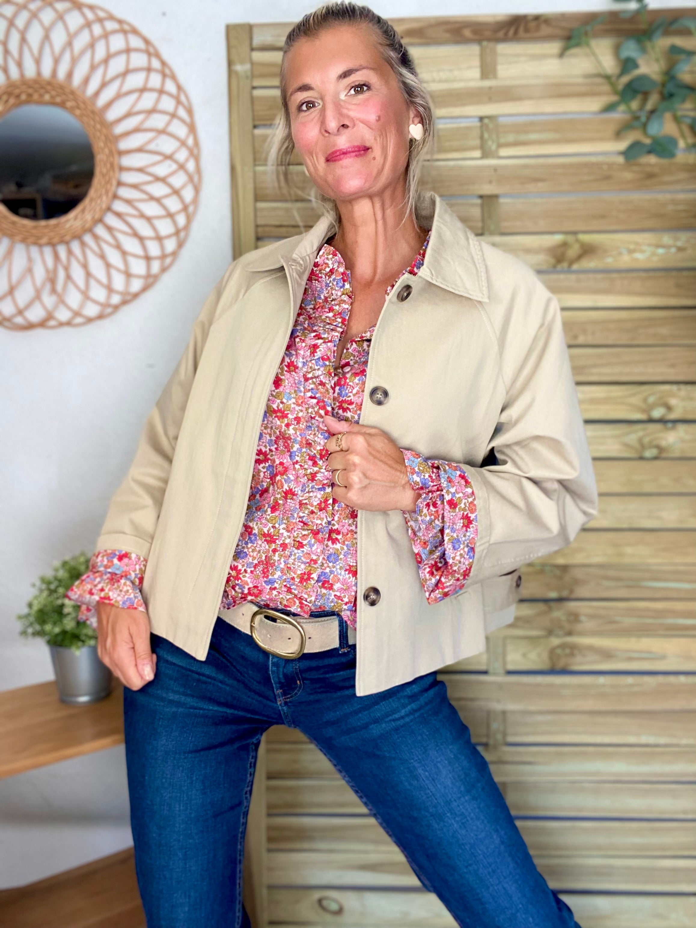 Veste Trench en coton beige avec Liberty - MAHAUT