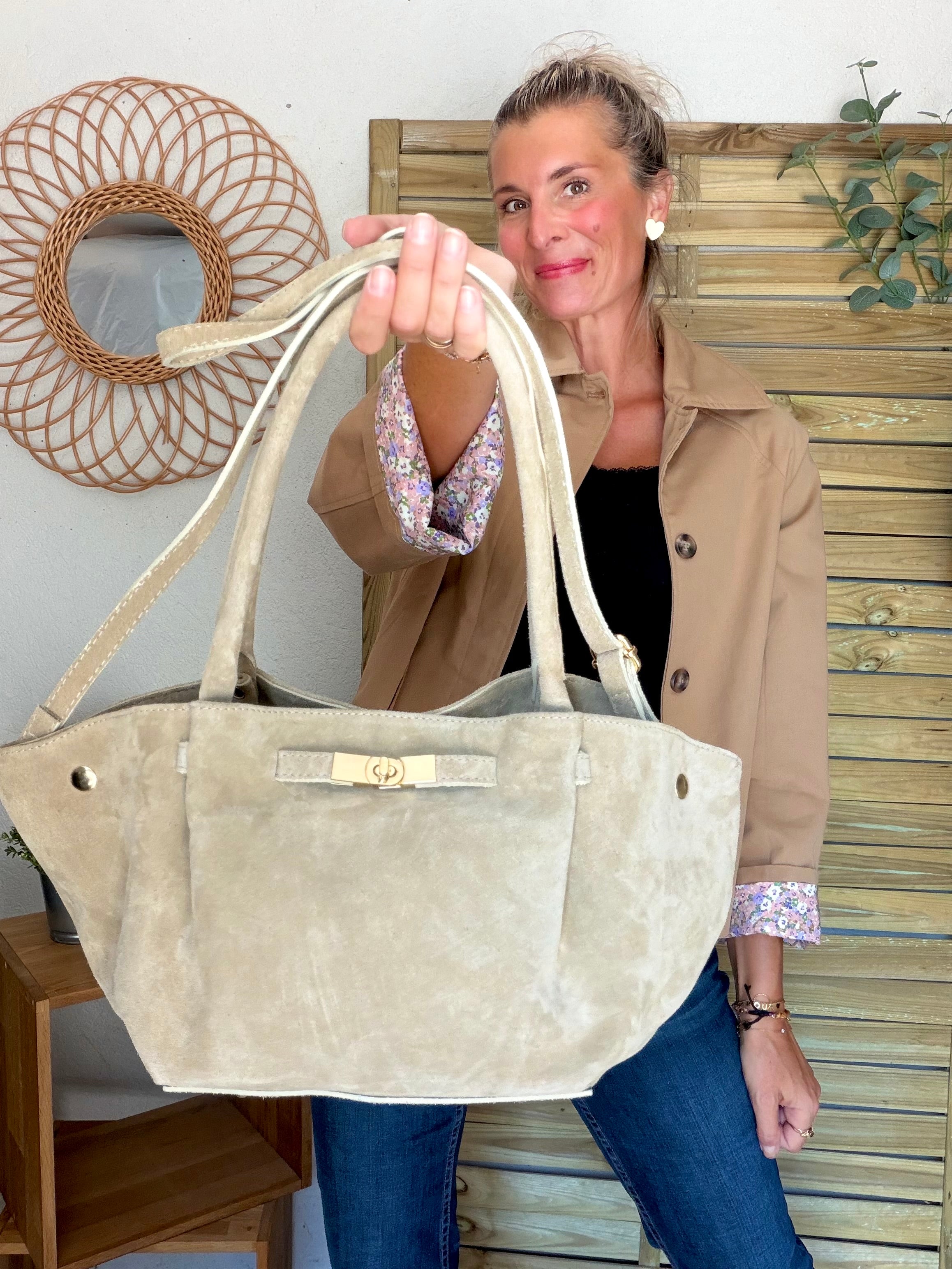 Sac cabas en cuir daim HANA - Beige