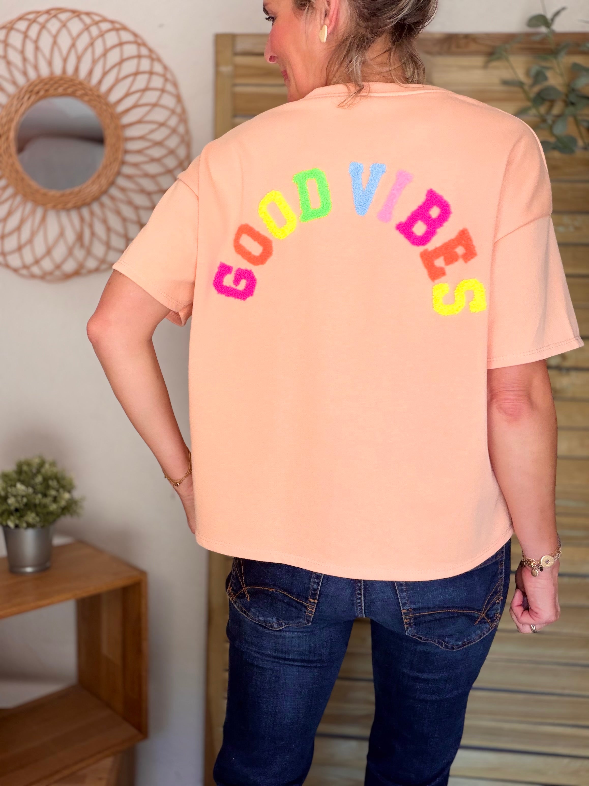 Tee shirt GOOD VIBES matière sweat - ALESSIA Pêche
