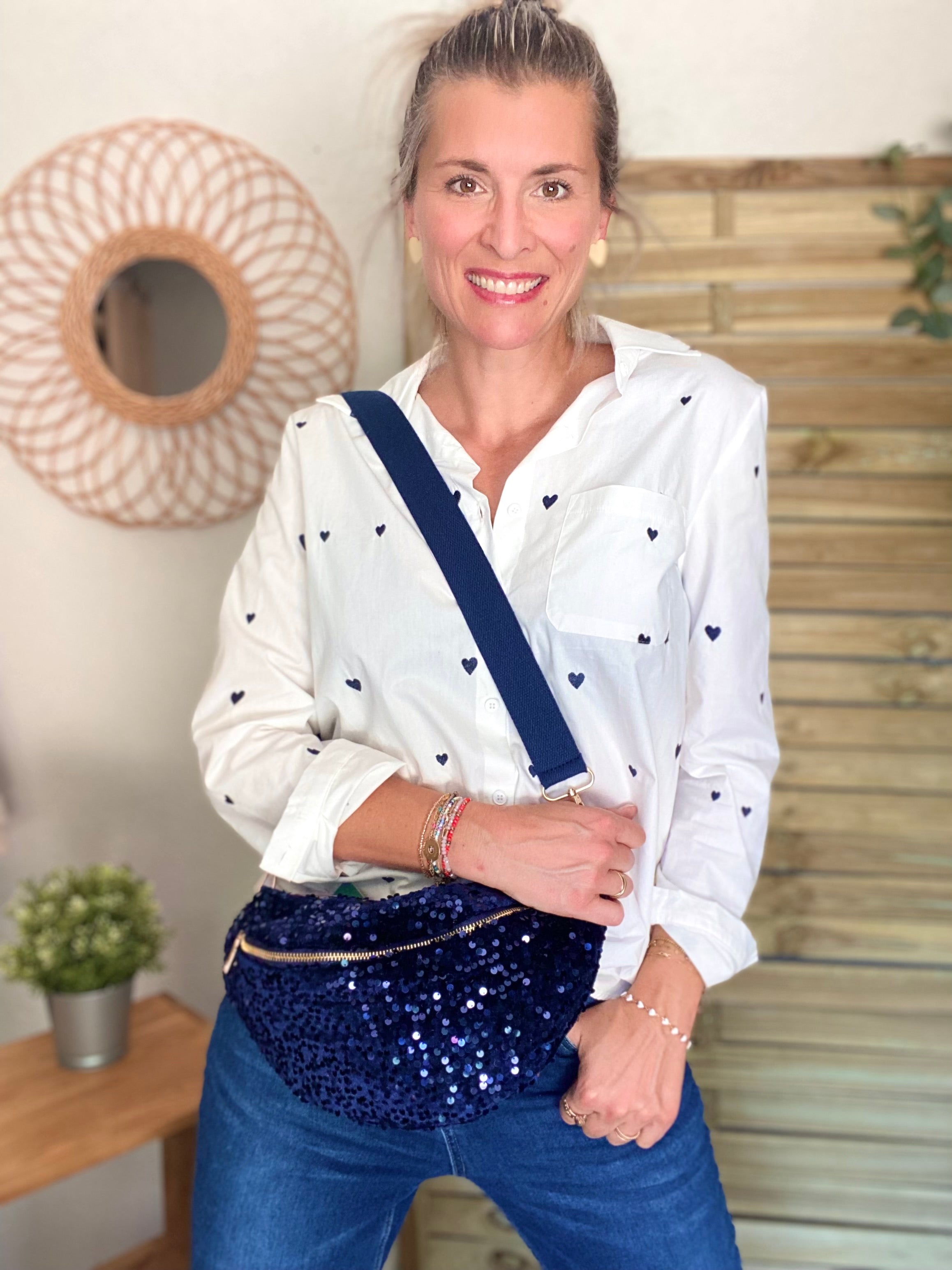 Sac banane L velours à sequins Ciao Boum - TAYLOR - Bleu marine