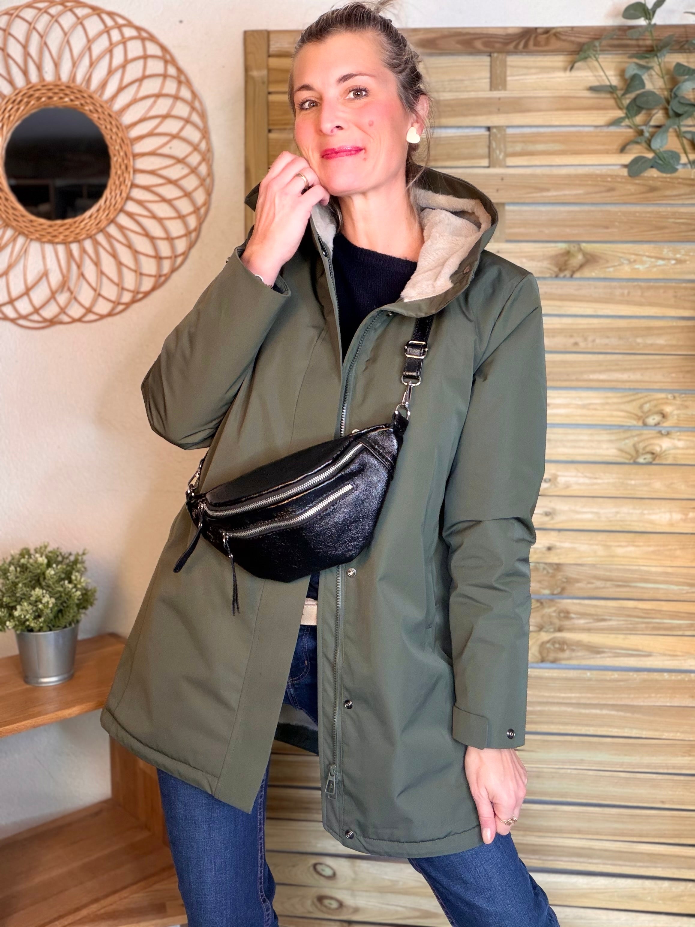 Sac banane en cuir irisé double poche - OPALE - noir