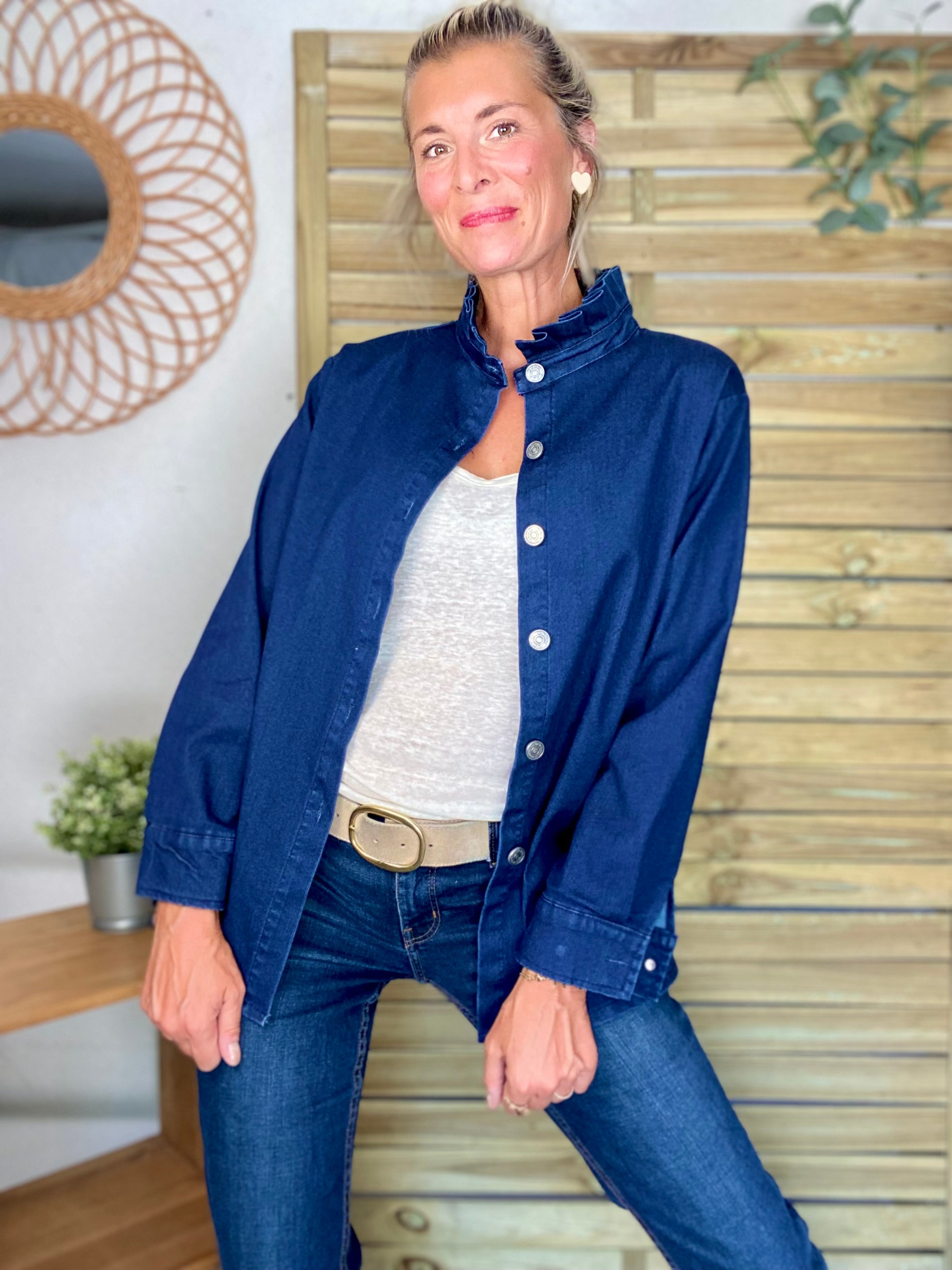 Veste / Chemise en coton, col volanté Bleu Jean LISON