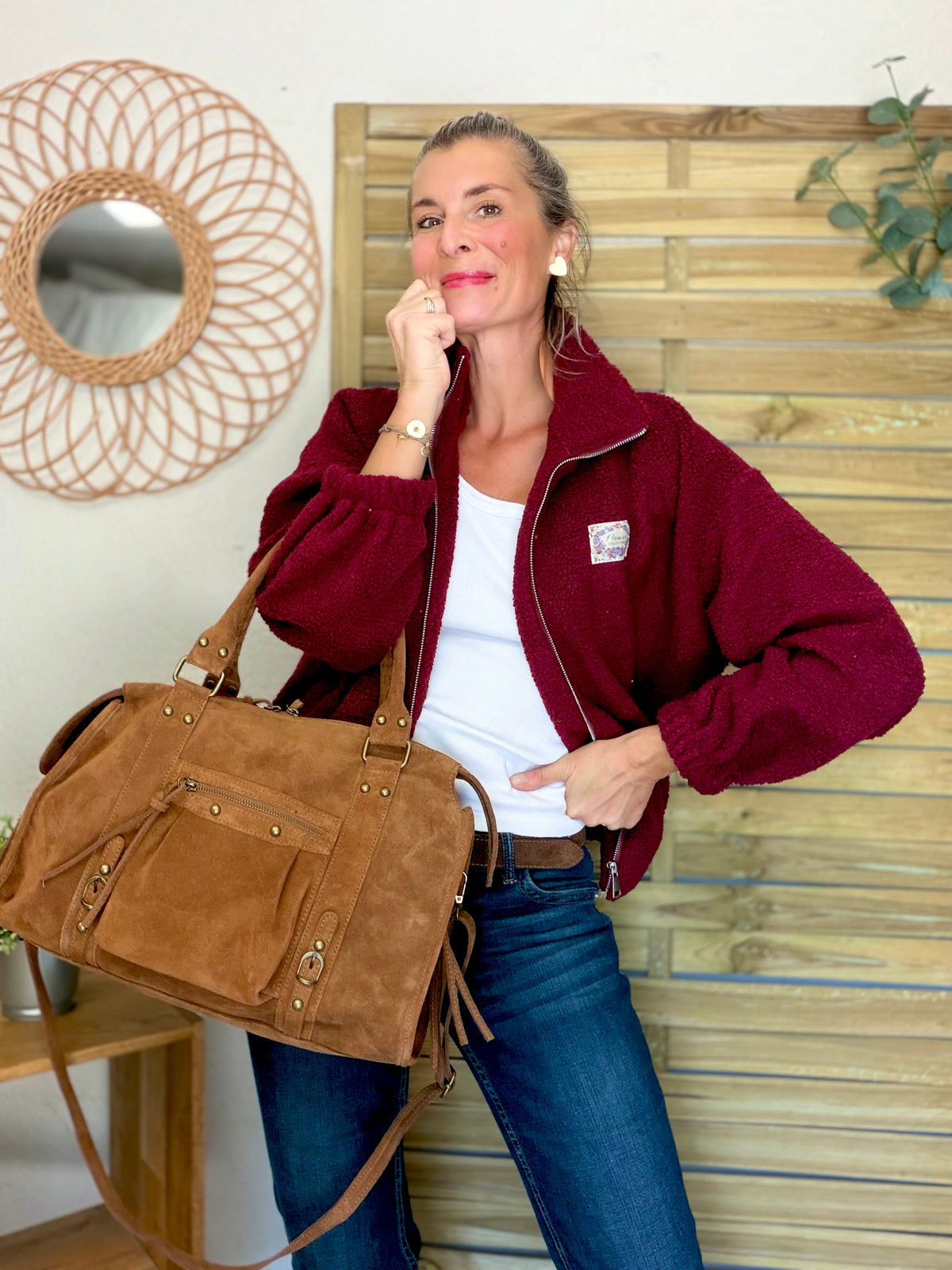 Veste Sherpa zippée LÉONIE Bordeaux