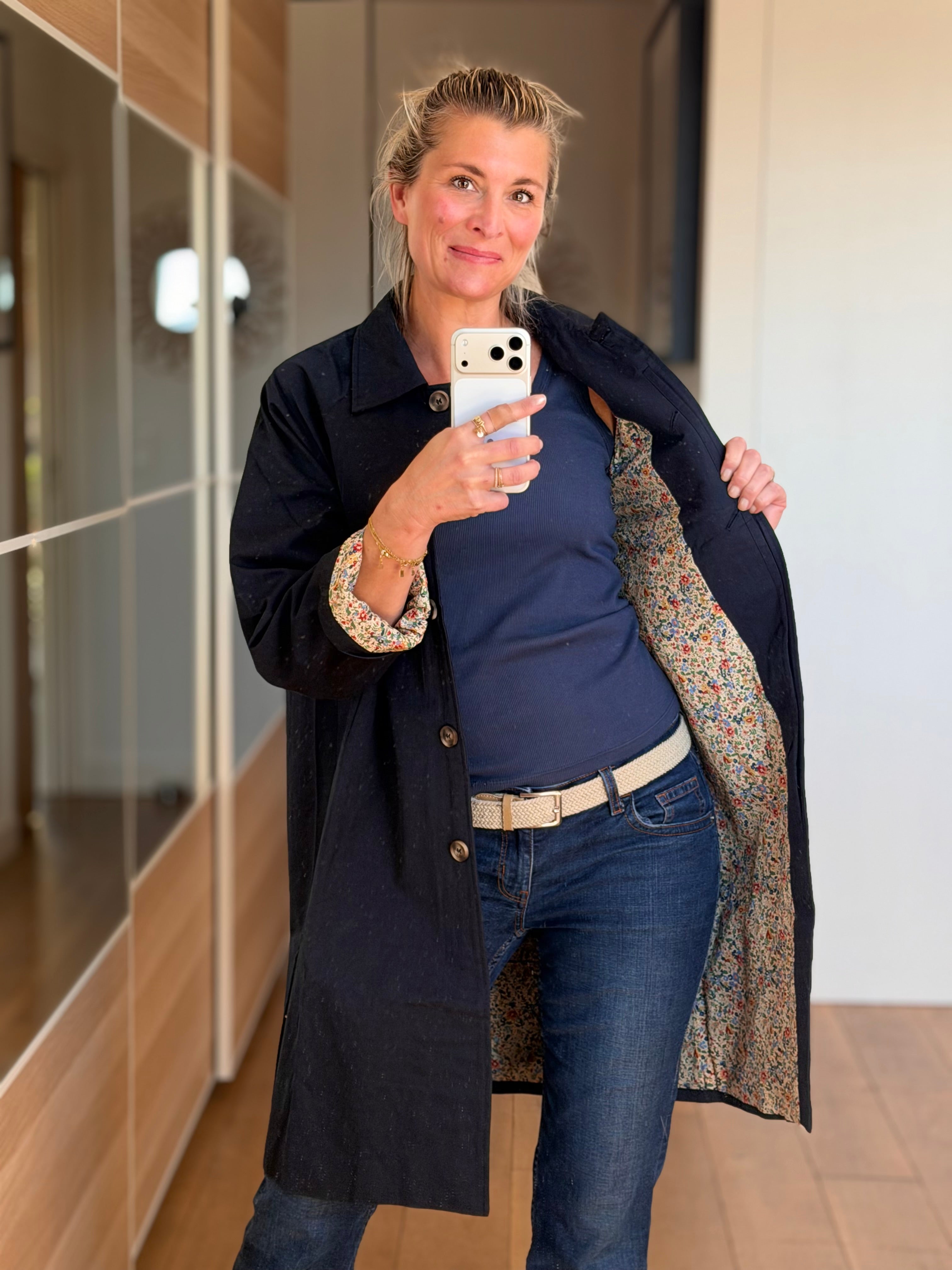 Veste Trench en coton Bleu marine avec Liberty - MAHAUT MI LONG - LILI et LALA