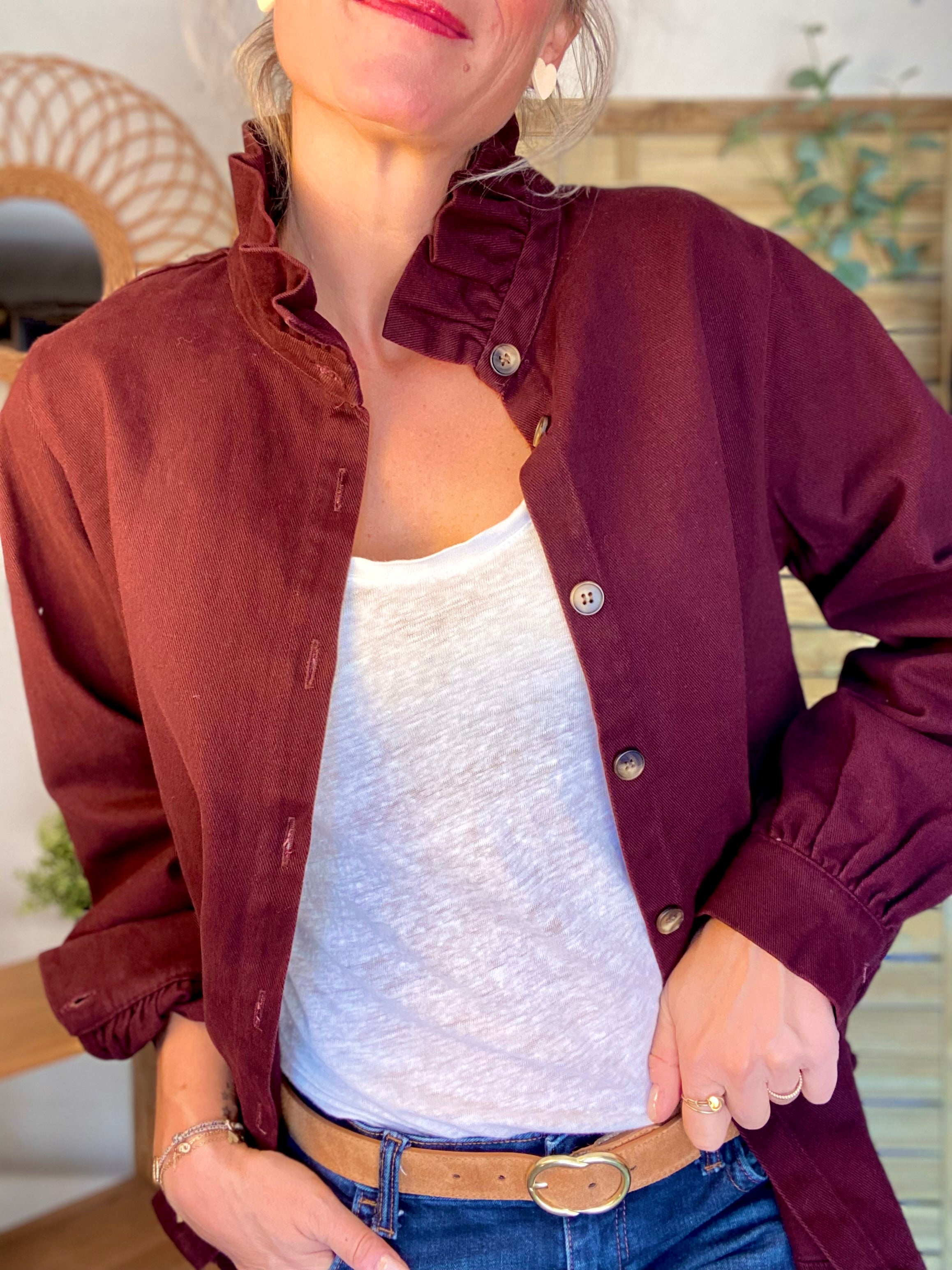 Veste / Chemise en coton, col victorien volanté LISA - Prune