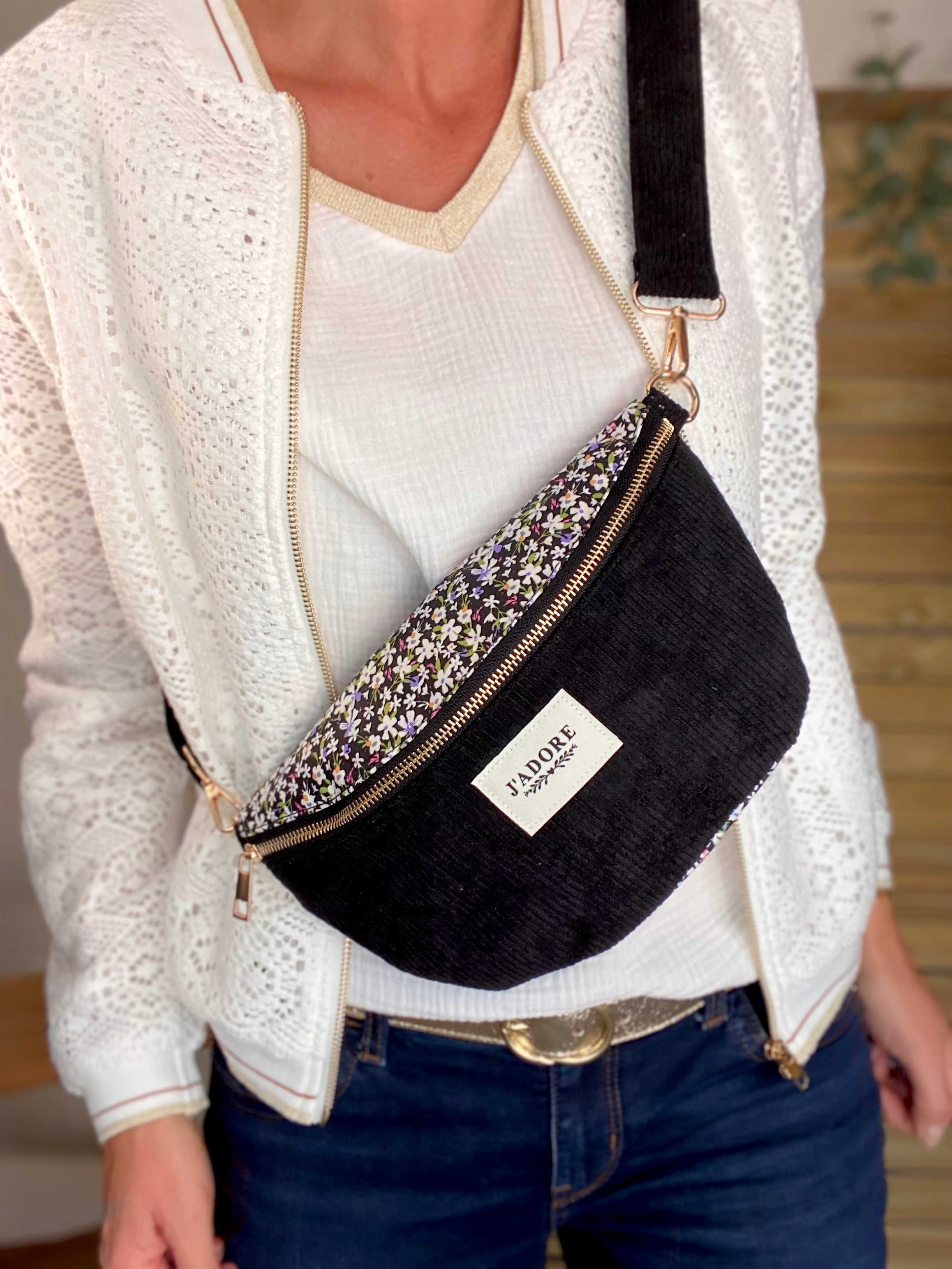 Sac banane «J’adore» Velours et Liberty - LESLIE - Noir
