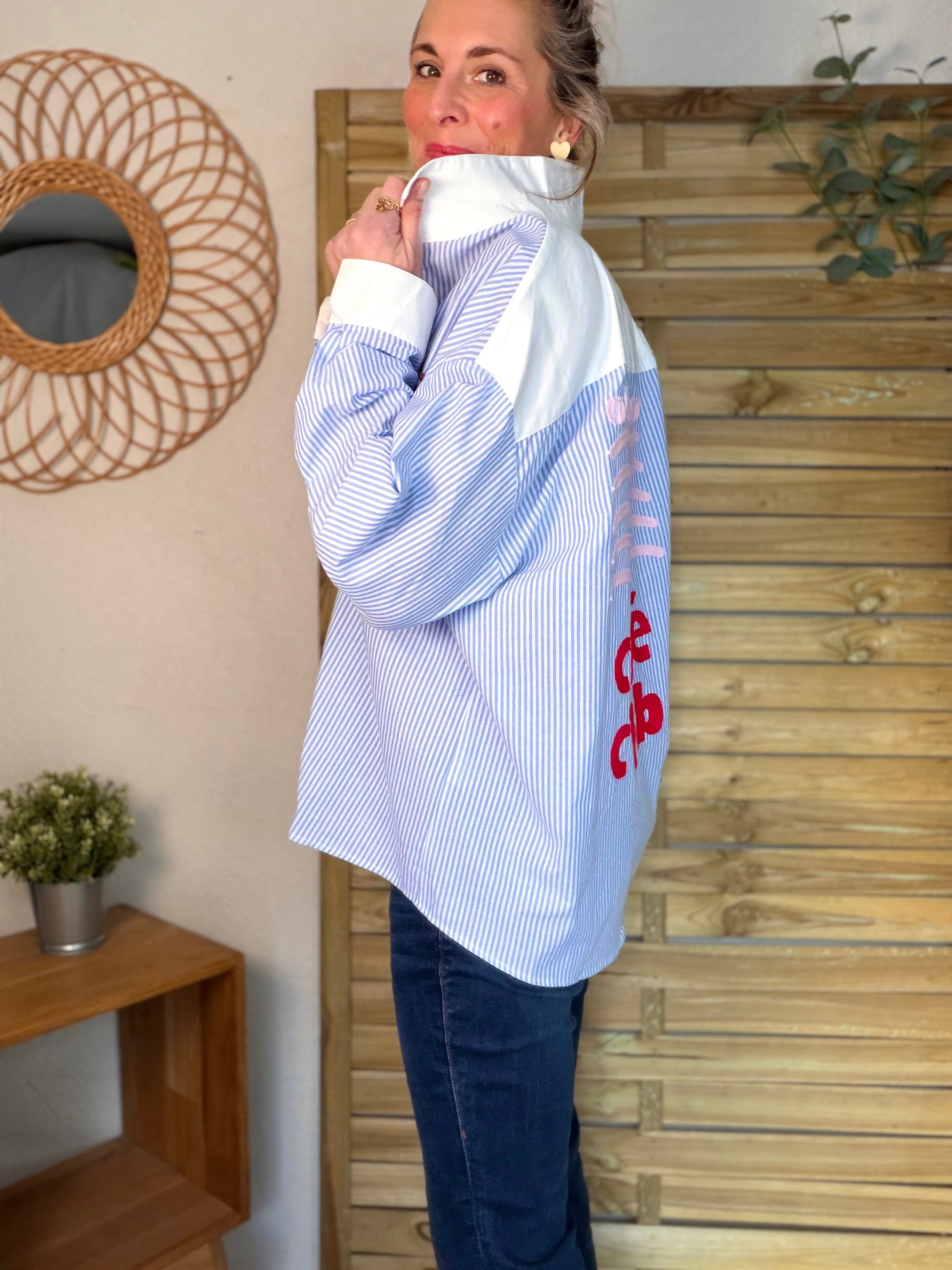 Chemise bleue rayée brodée CAFÉ LOVERS CLUB - ALIZÉE