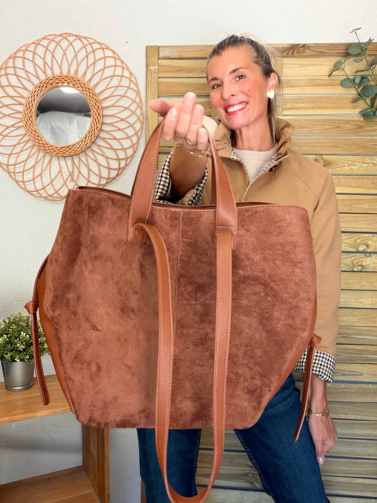Grand Sac cabas 2 en 1 en simili daim - LAURÈNE Camel