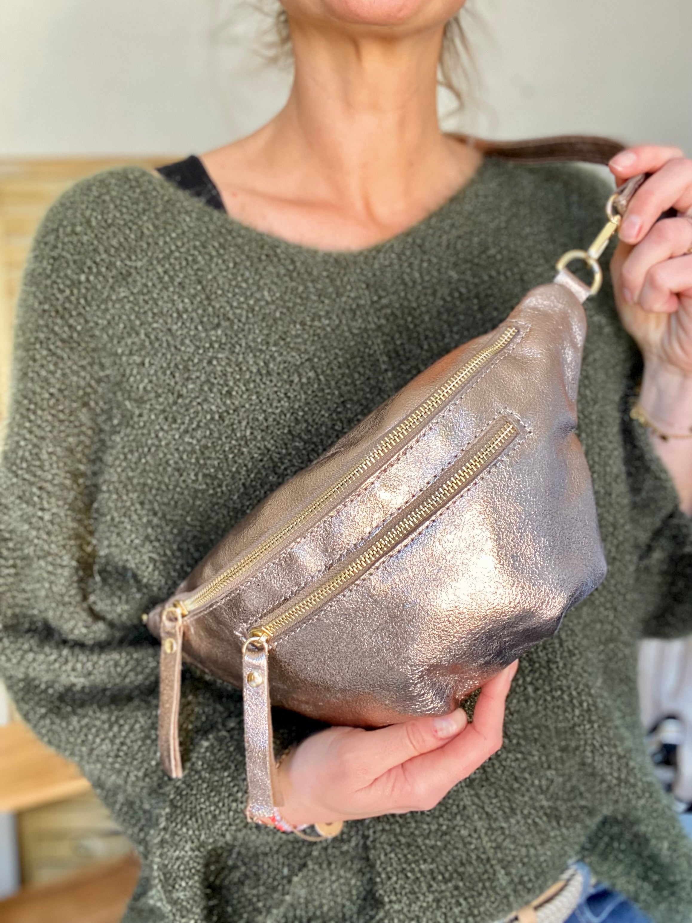 Sac banane en cuir irisé double poche - OPALE - Bronze