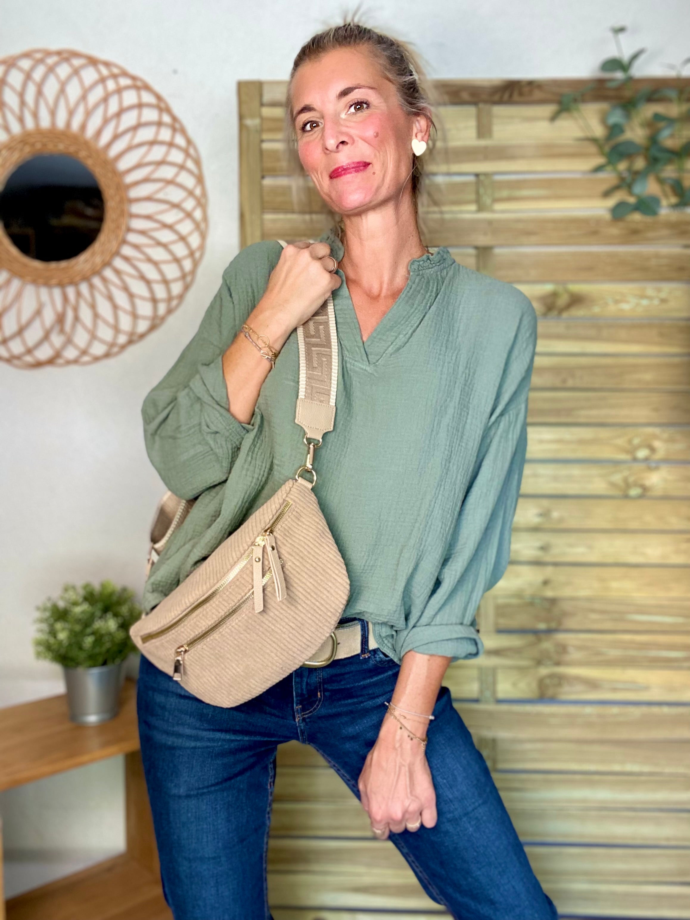 Sac banane L en velours côtelé 2 zips et sangle fantaisie - ASHLY - Beige taupe (côtelé large)