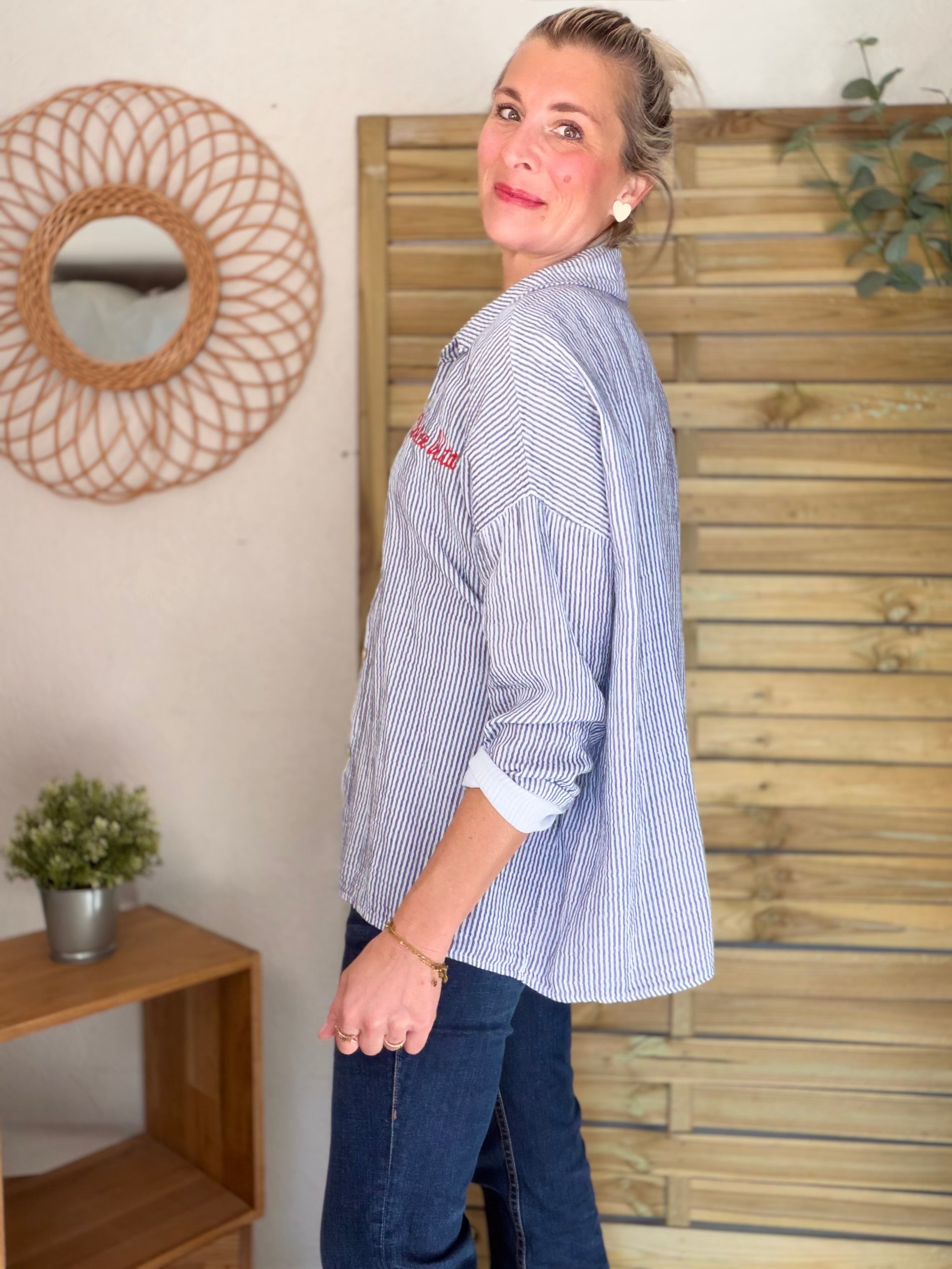 Chemise en gaze de coton brodé Dolce Vita LEÏLA Bleu