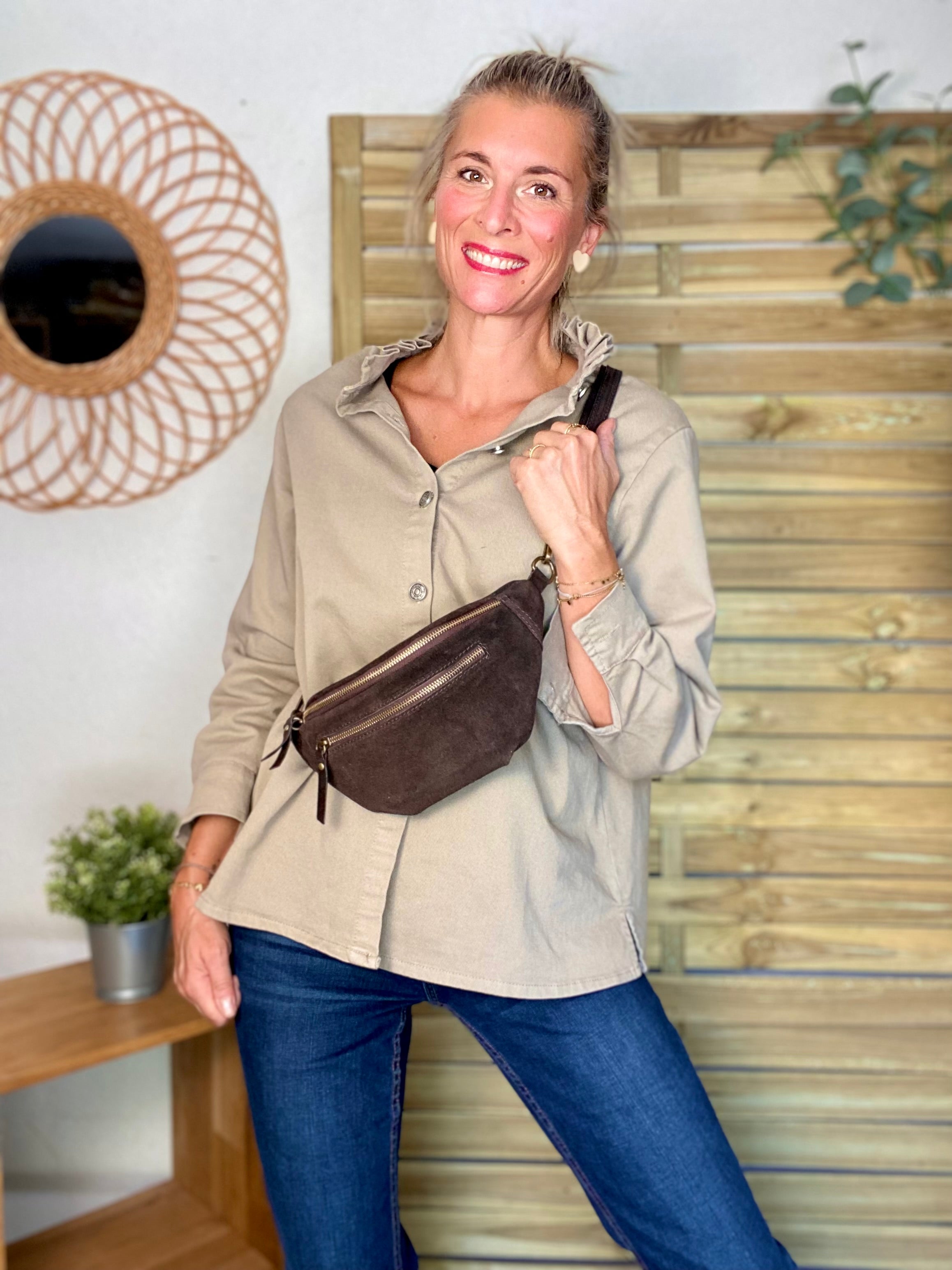 Sac banane double poche en cuir daim - OPALINE - Chocolat