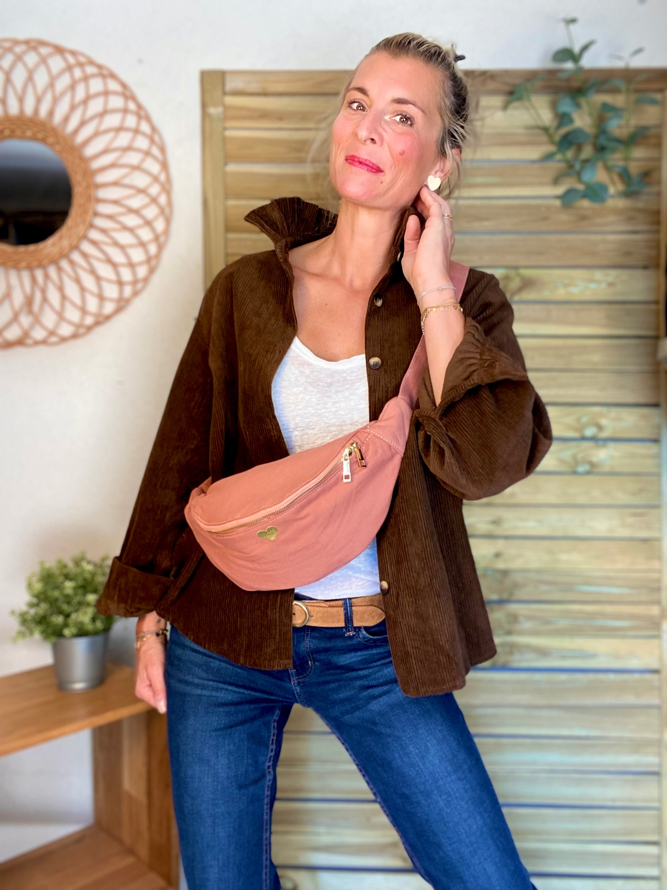 Veste / Chemise en coton, col victorien volanté YVONNE - Velours Chocolat