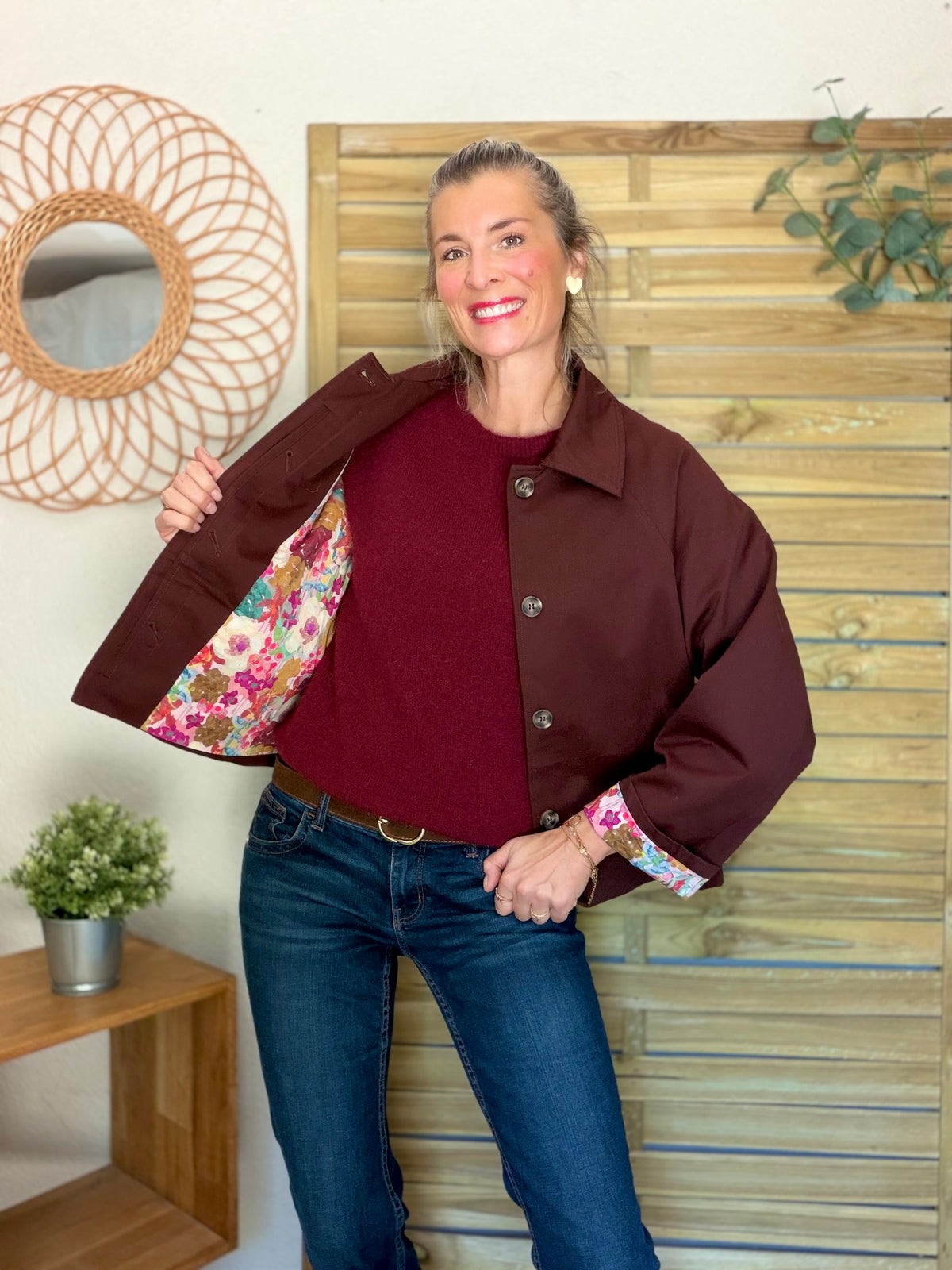 Veste Trench en coton Bordeaux fleuri - MAHAUT - LILI et LALA