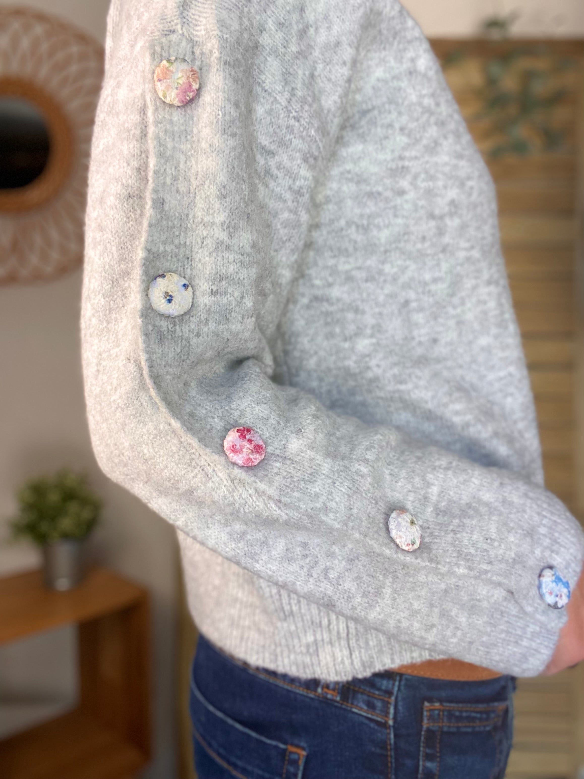 ⚡️ PÉPITES FRIDAY - Pull boutons tissu fleuri - Gris chiné - HAZEL