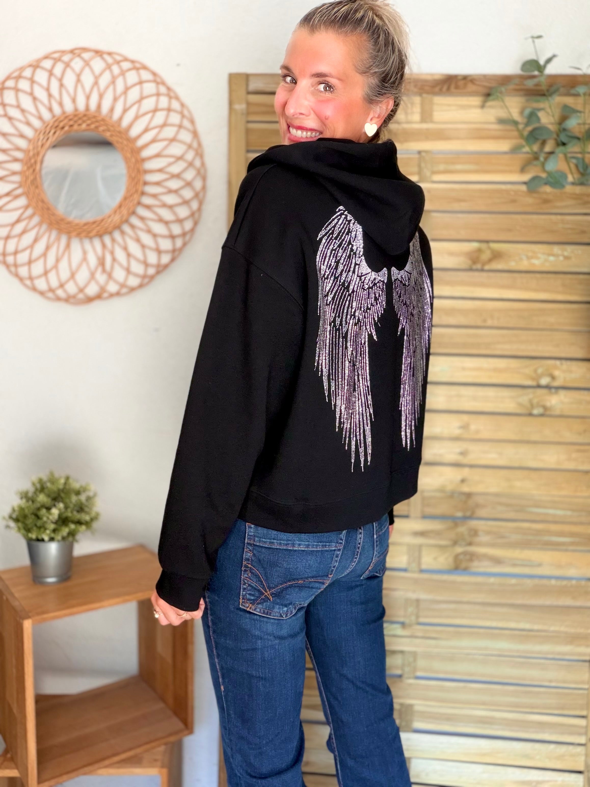 Hoodie sweat gilet strass (ailes) CLOTHILDE - Noir