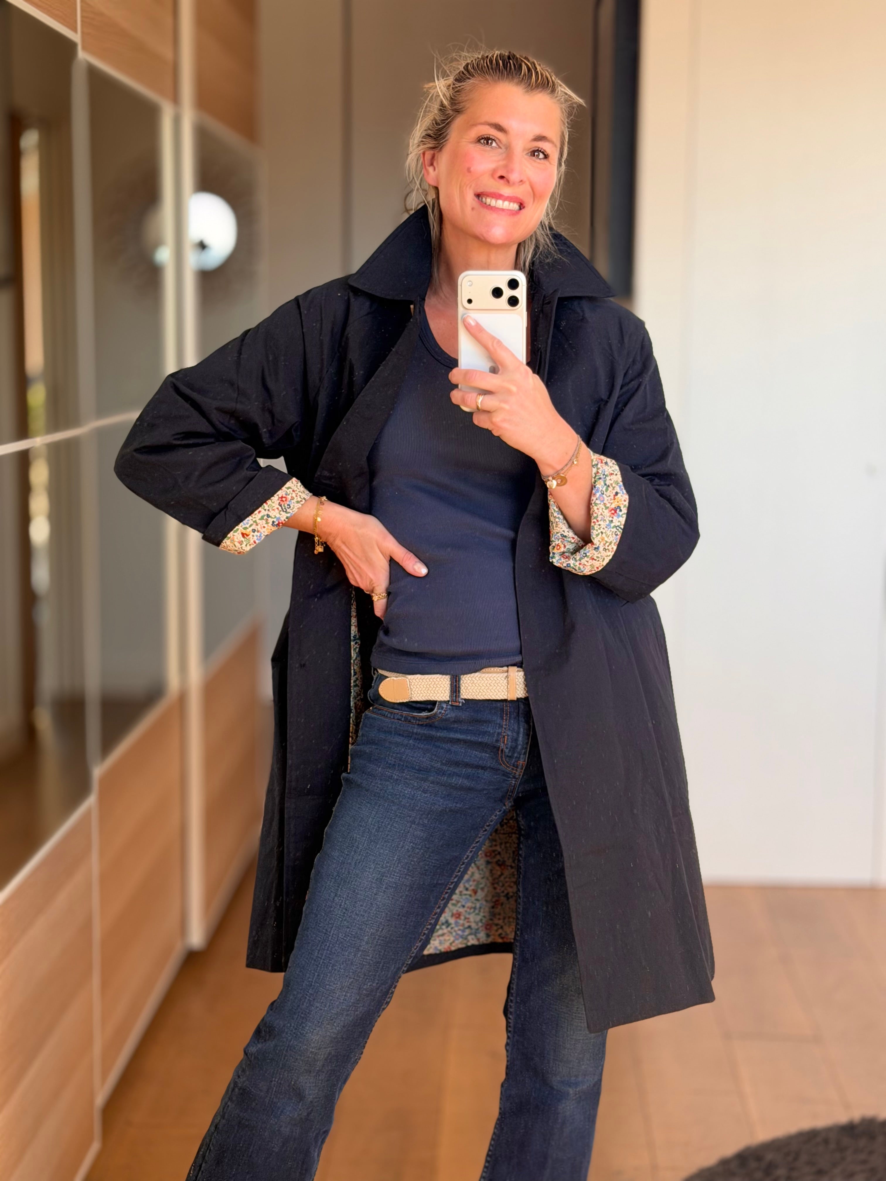 Veste Trench en coton Bleu marine avec Liberty - MAHAUT MI LONG - LILI et LALA