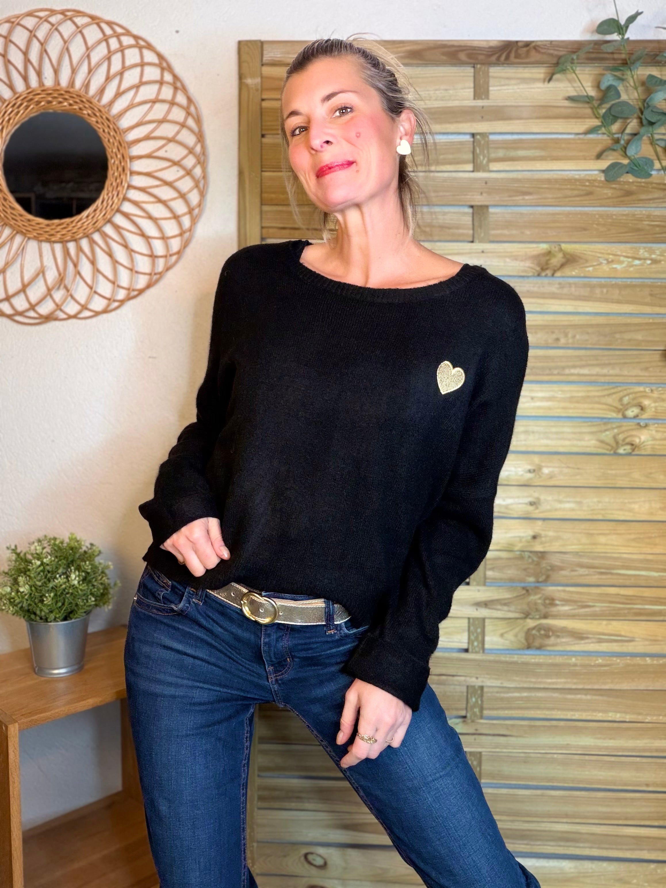 Pull léger en maille cœur doré brodé 💛 MELISSA - Noir
