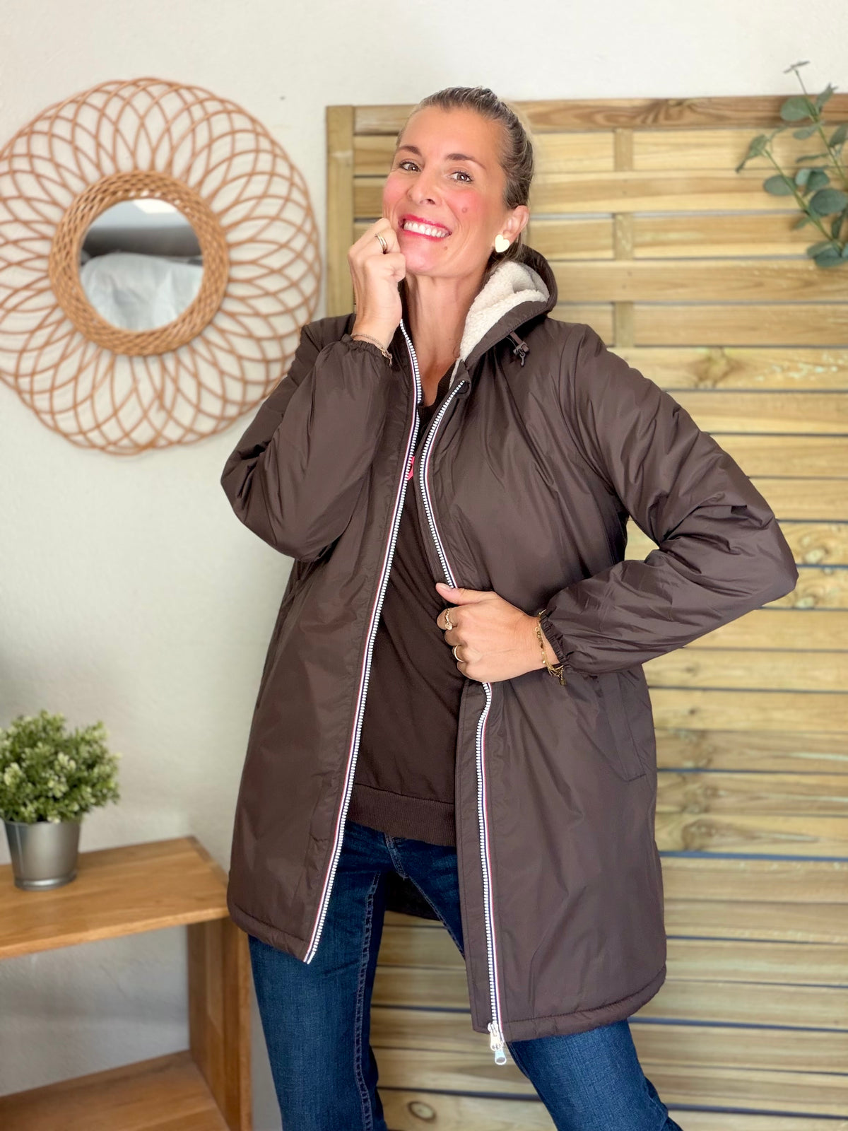 LAURA JO - Parka Imperméable LOUISE LONG Sherpa écru - Chocolat