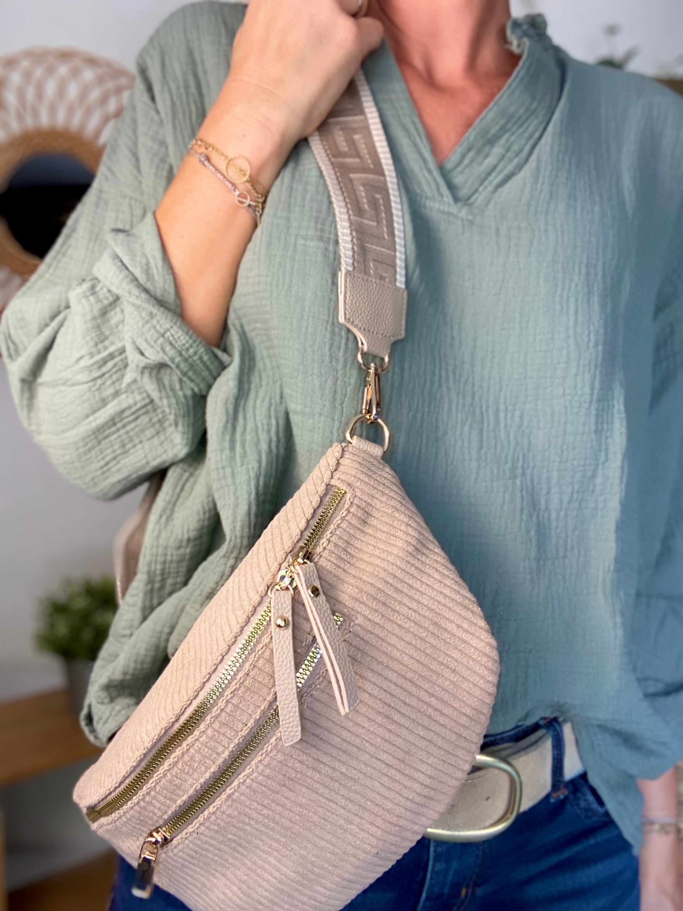 Sac banane L en velours côtelé 2 zips et sangle fantaisie - ASHLY - Beige taupe (côtelé large)