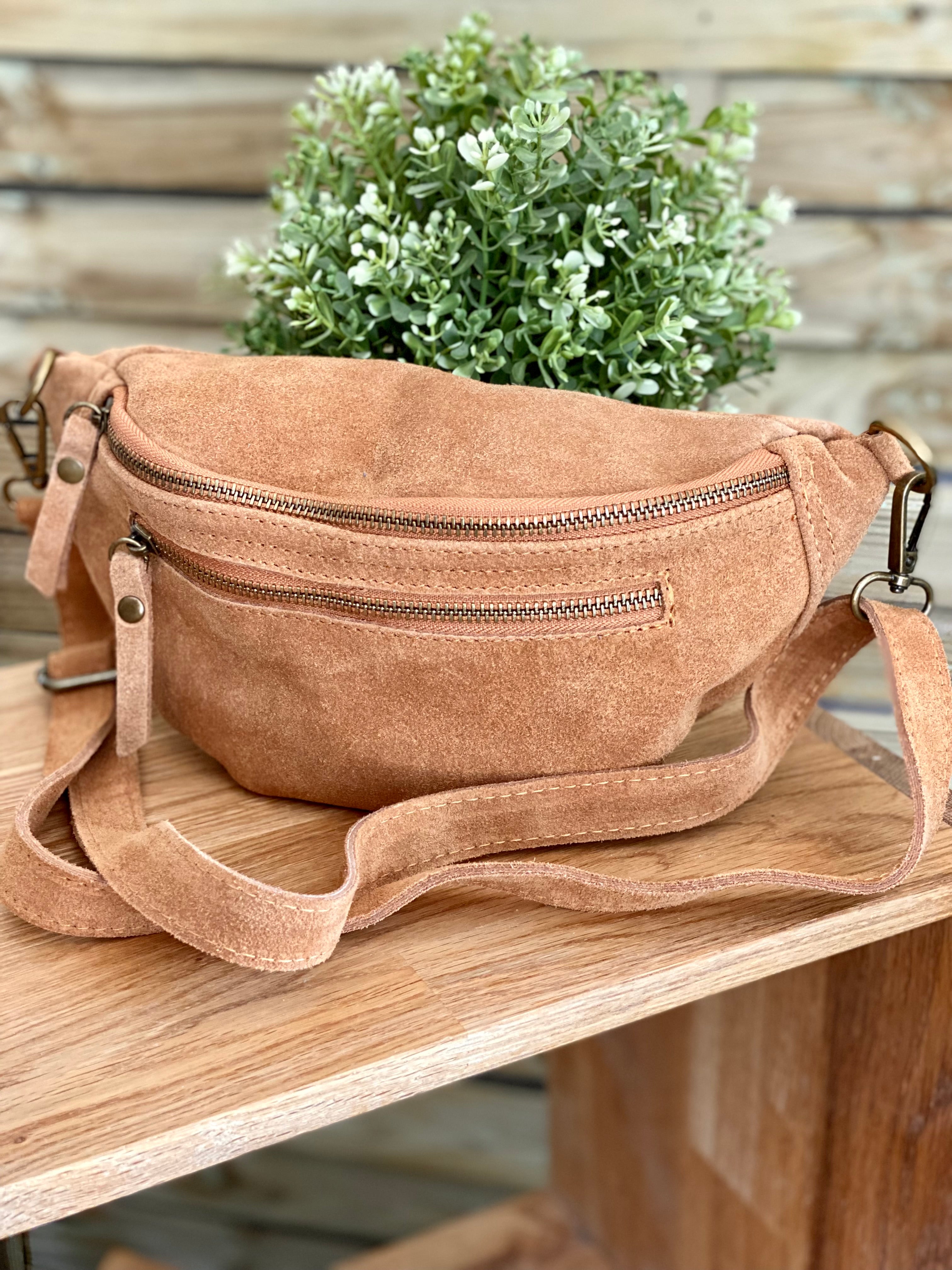 Sac banane double poche en cuir daim - OPALINE - Camel (14 coloris)