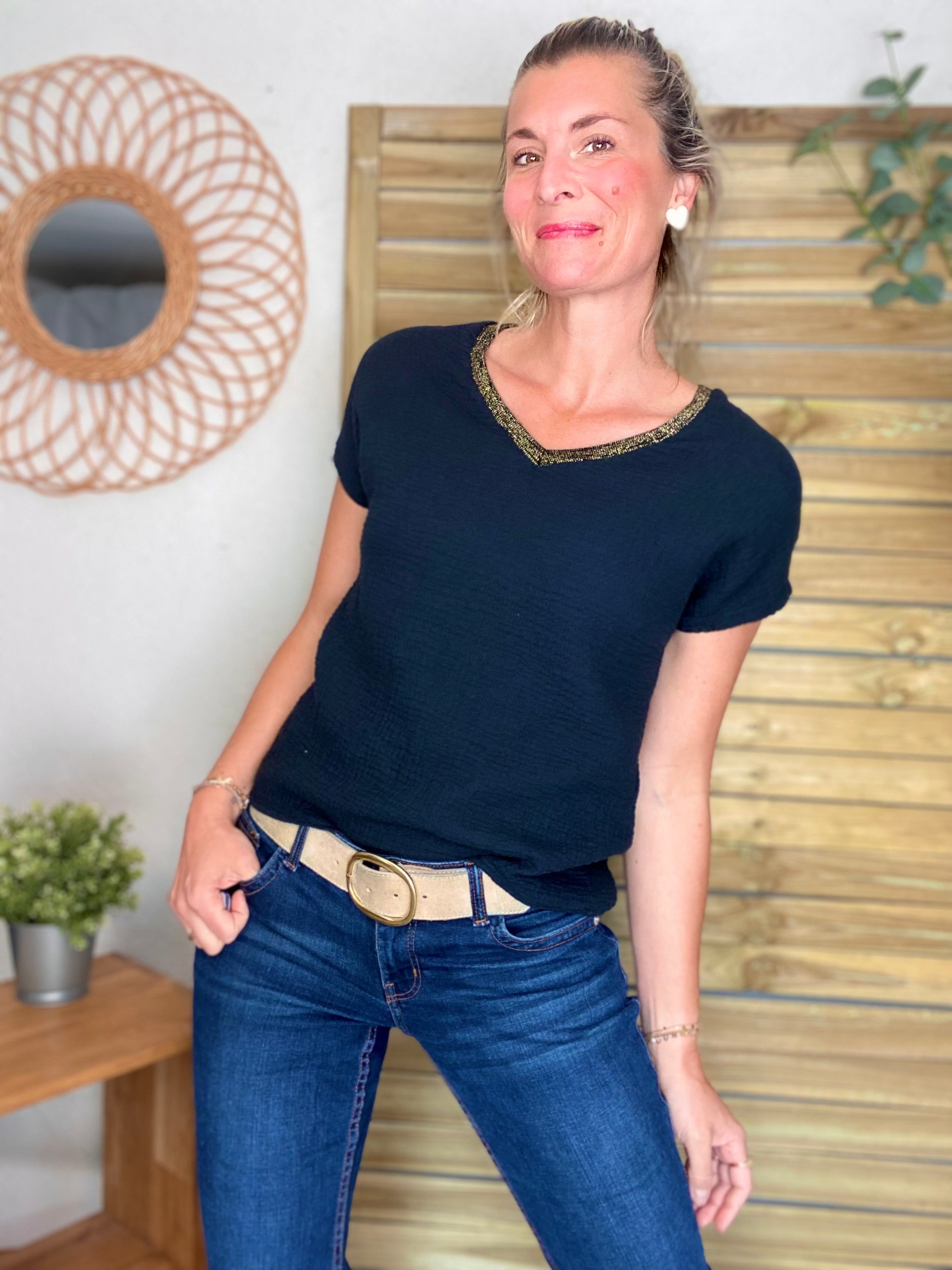 Précommande Expédition mi mai - Top en gaze de coton et lurex MARTA - Noir