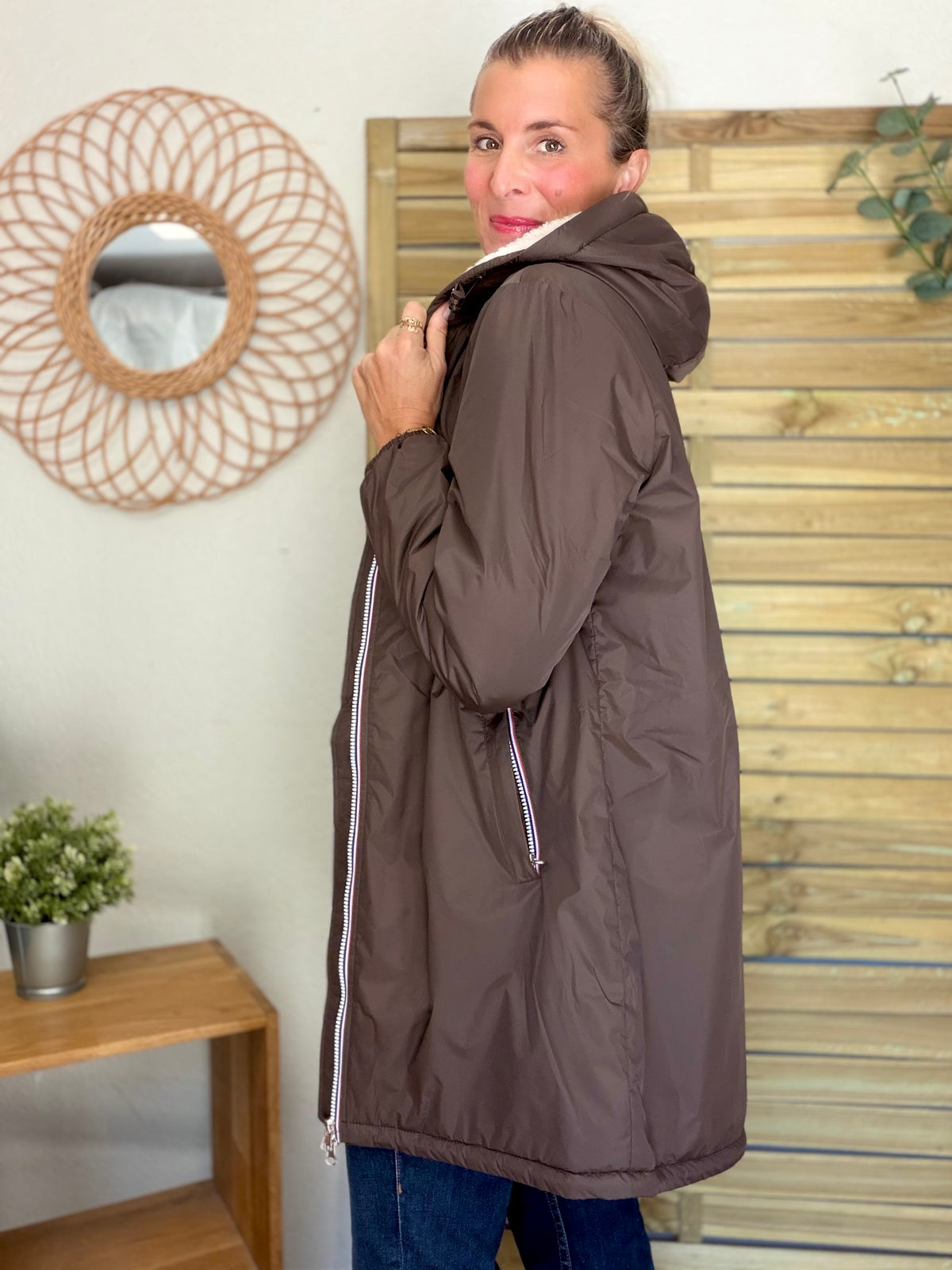 LAURA JO - Parka Imperméable LOUISE LONG Sherpa écru - Chocolat