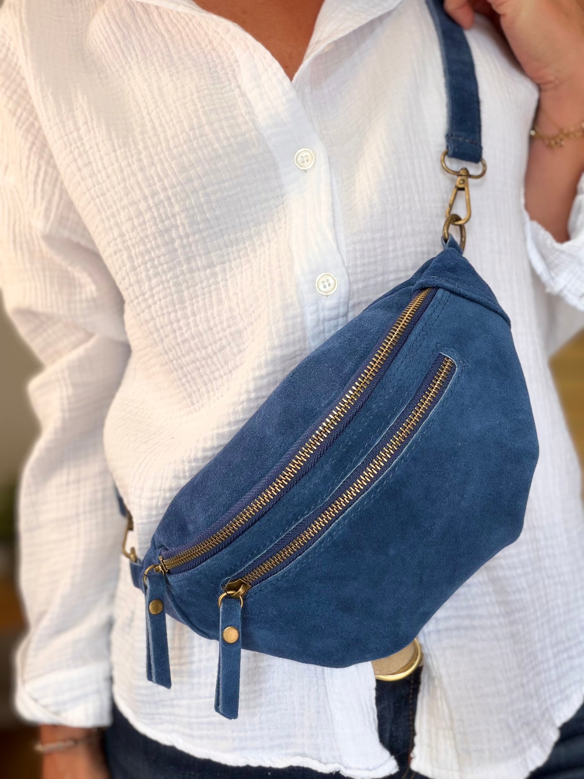 Sac banane double poche en cuir daim - OPALINE - Bleu jean