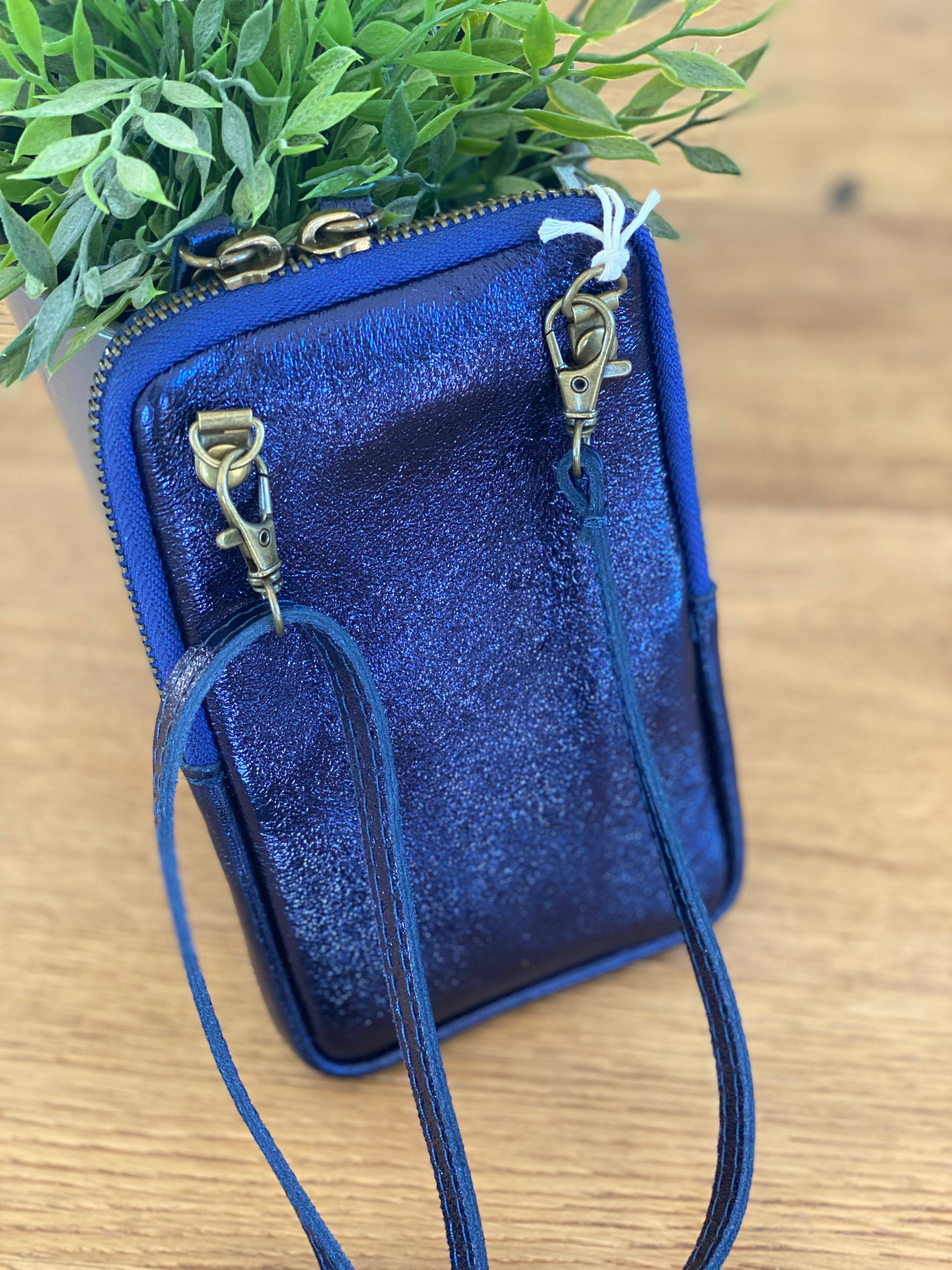 Pochette bandoulière pour téléphone en cuir irisé - STELLA - Bleu marine (9 coloris)