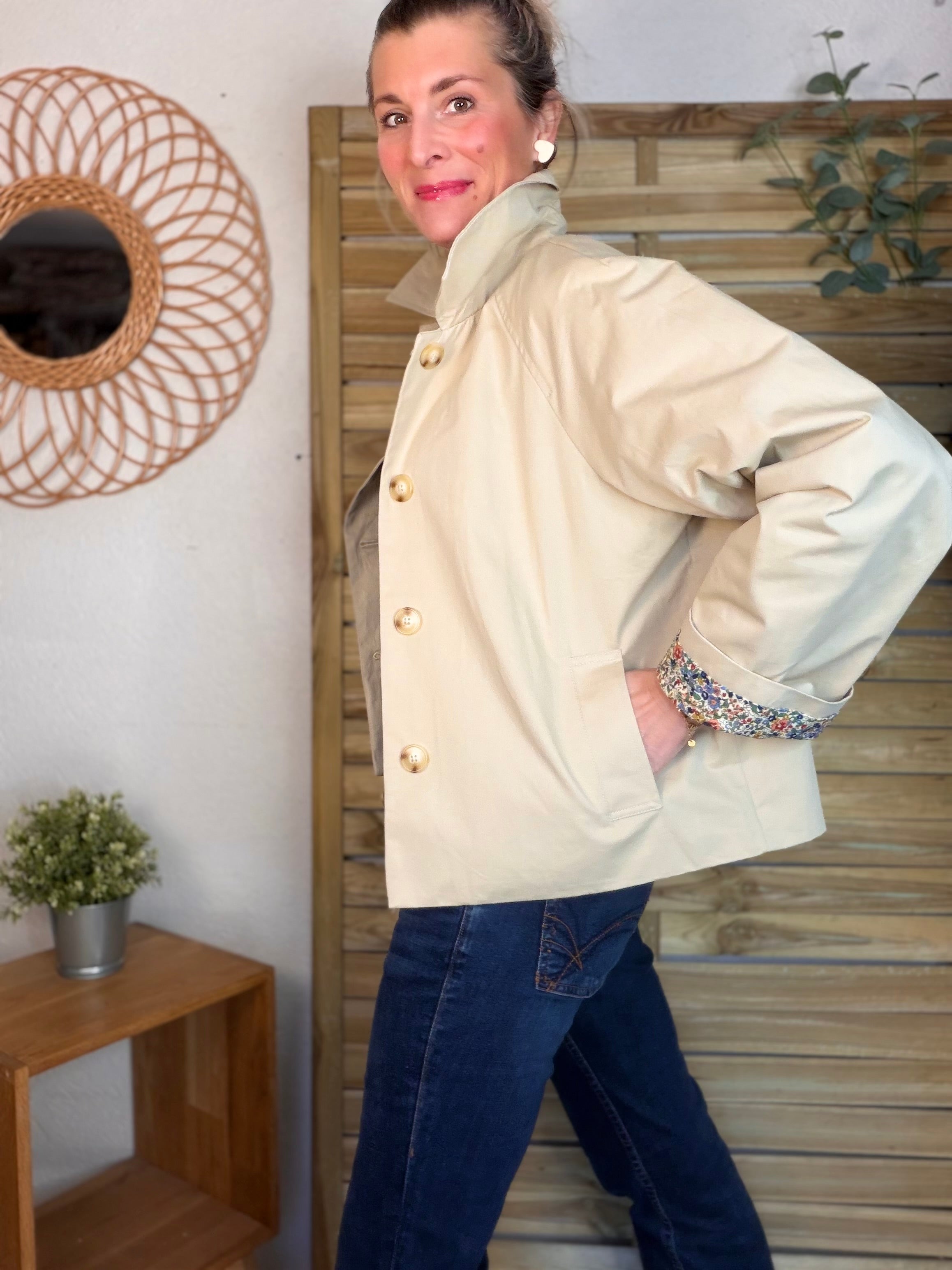 Veste Trench en coton beige avec Liberty - MARION (Taille 2 ans à la Taille L)