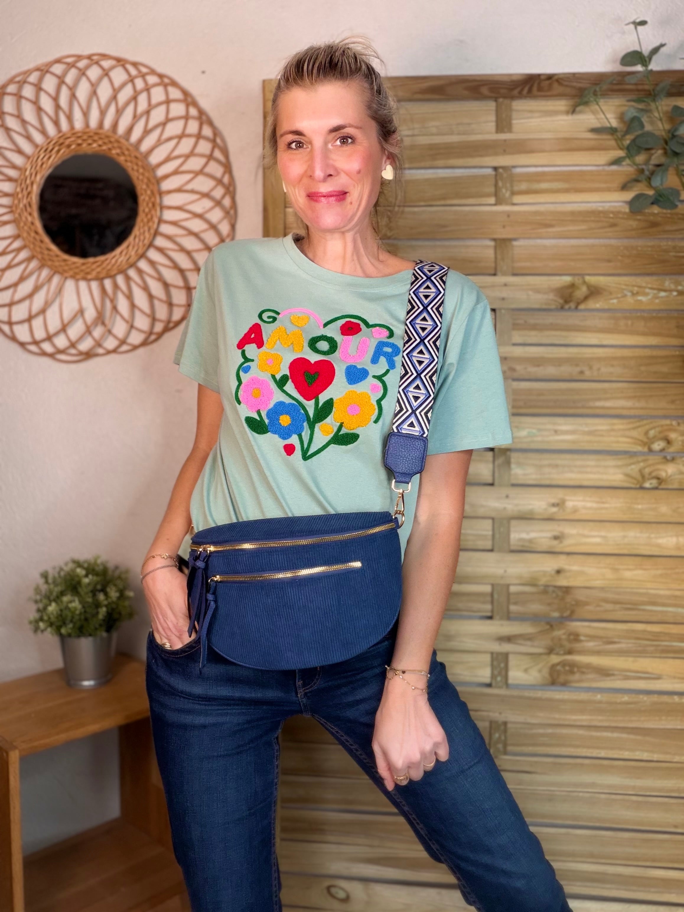 Sac banane en velours côtelé, sangle fantaisie - KATY - Bleu marine