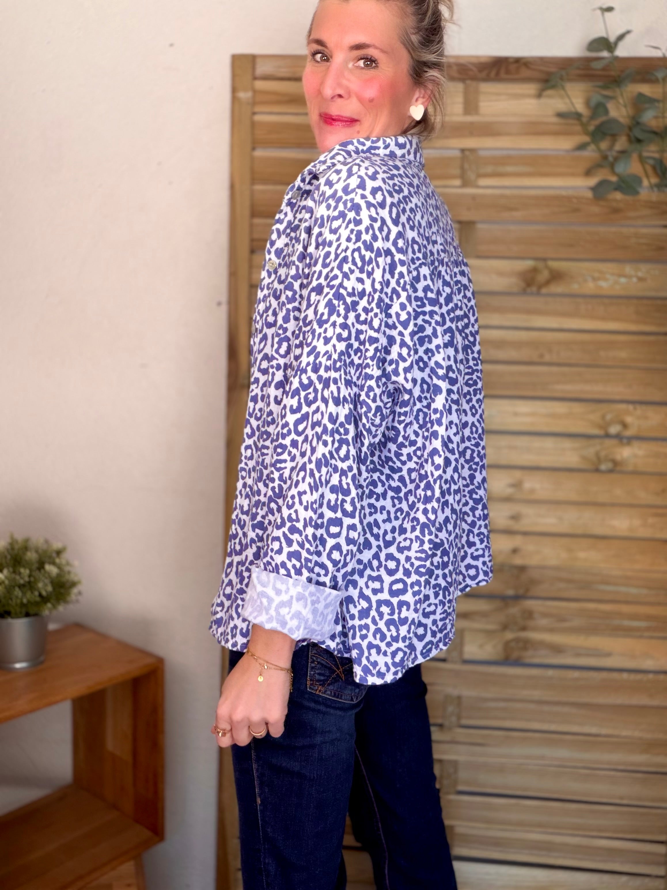 Chemise en gaze de coton imprimé Léo MARCIA - Bleu Jean