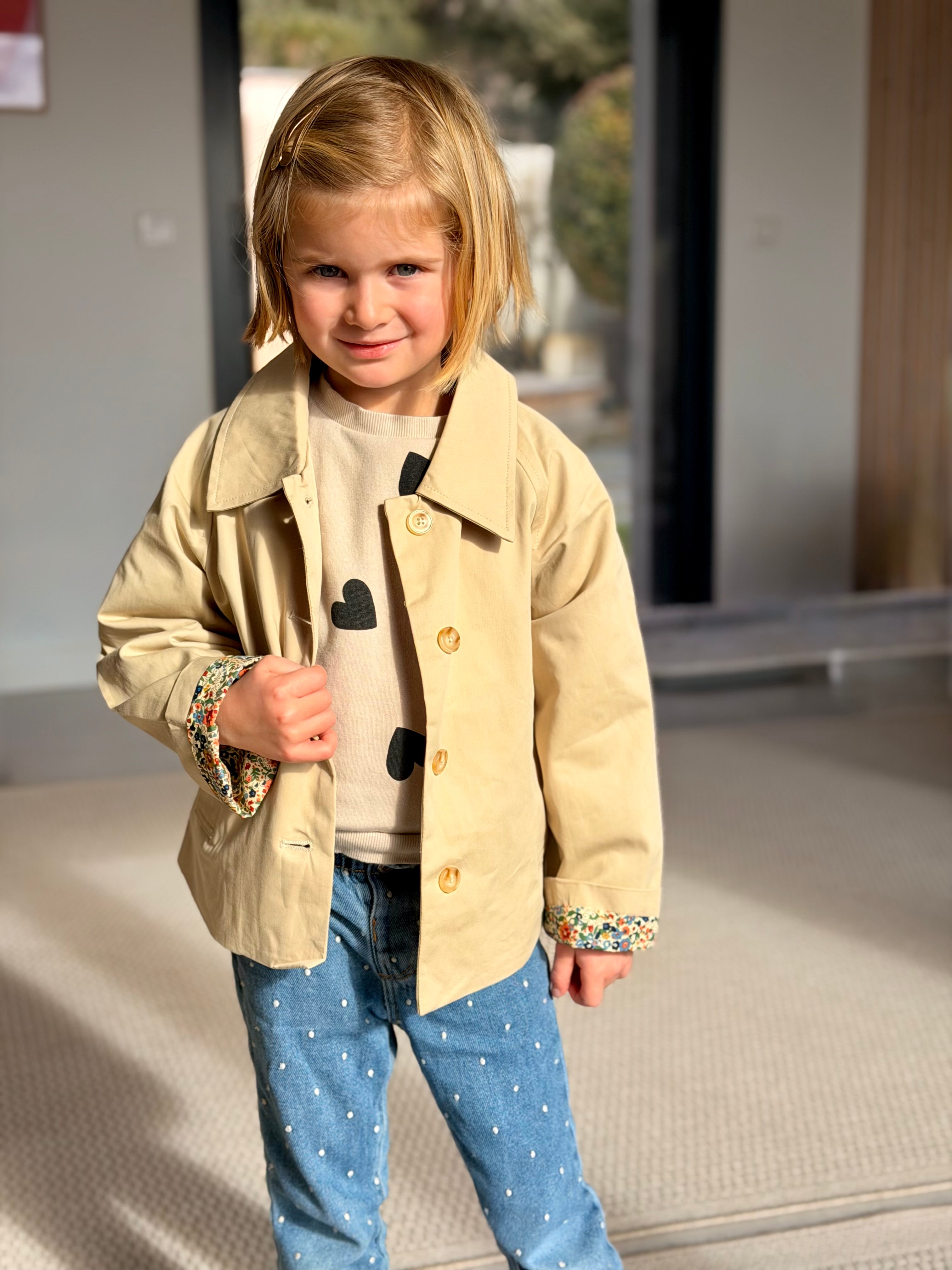 Veste Trench en coton beige avec Liberty - MARION (Taille 2 ans à la Taille L)