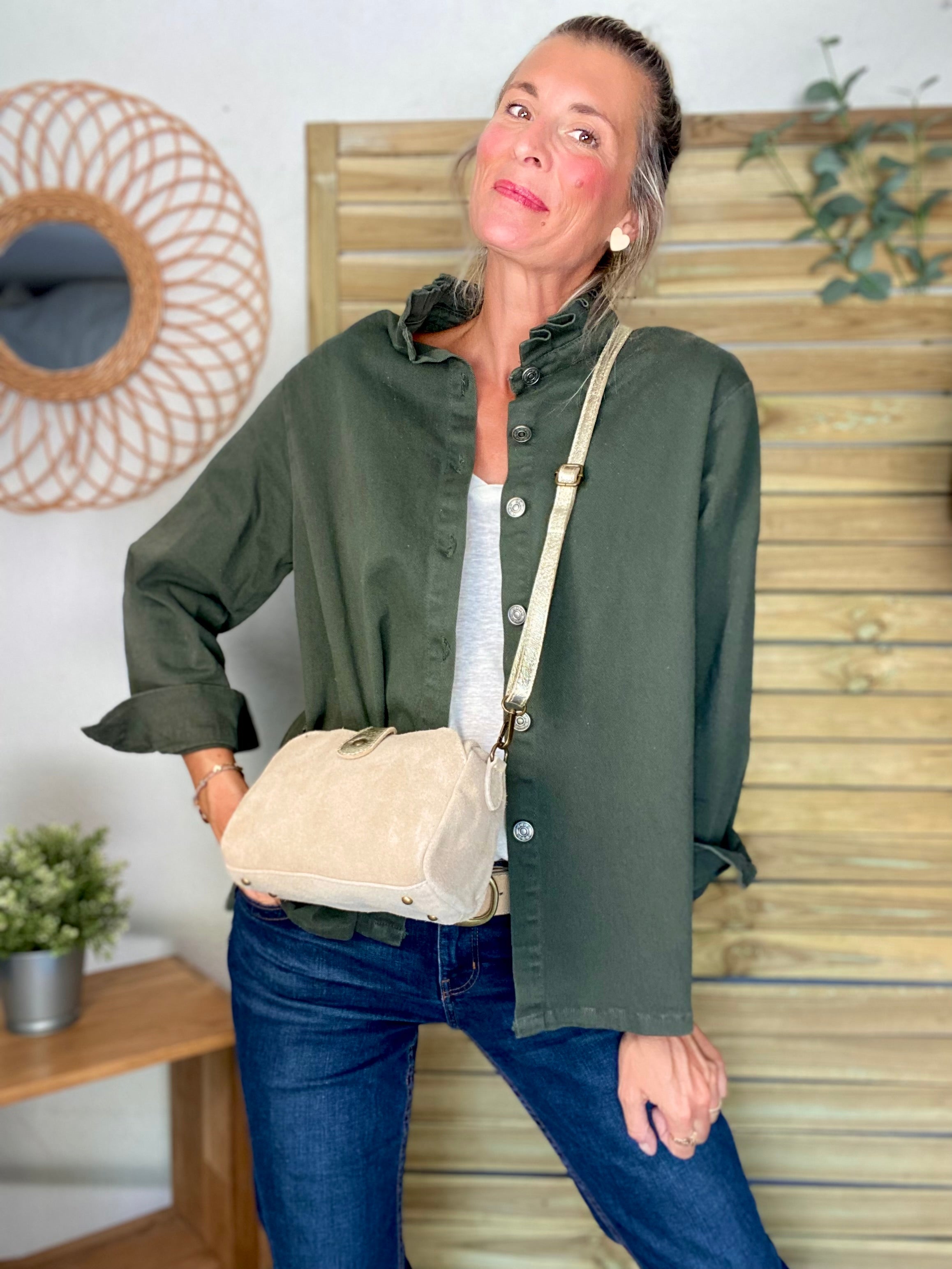 Sac bandoulière en cuir EZRA - Beige/Doré