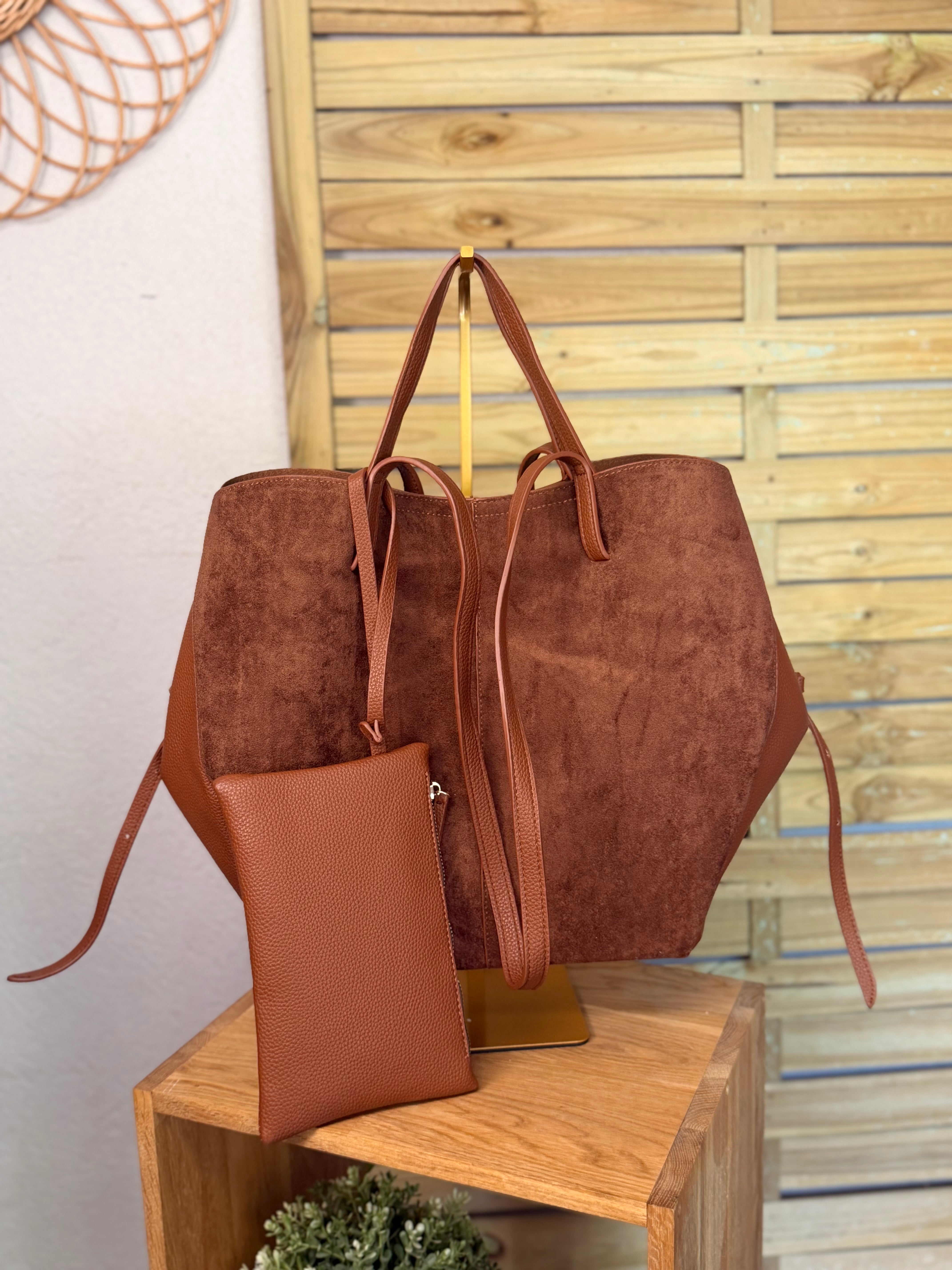 Grand Sac cabas 2 en 1 en simili daim - PAULE Camel