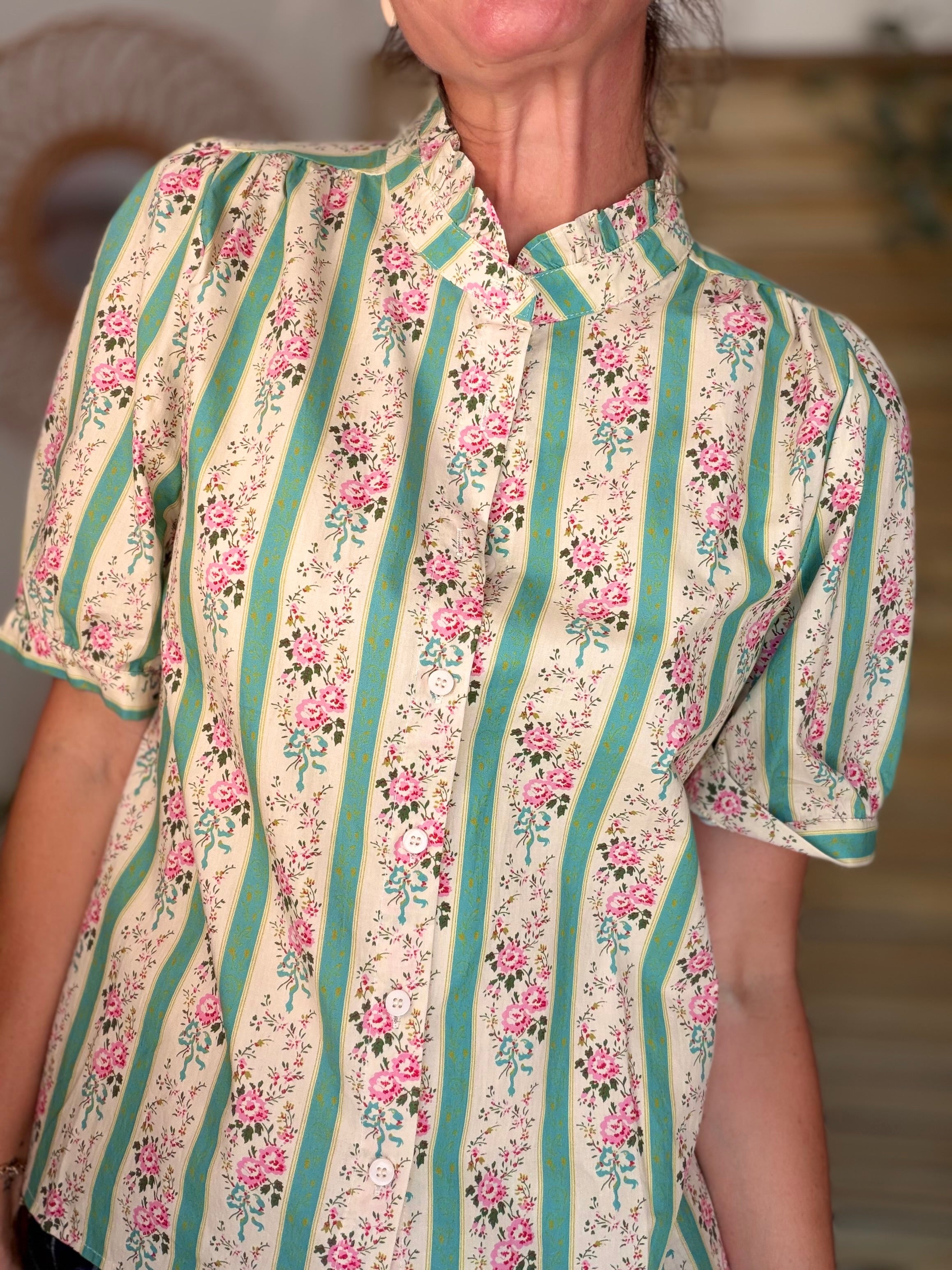 Blouse fleurie rayures VALENTINE vert céladon