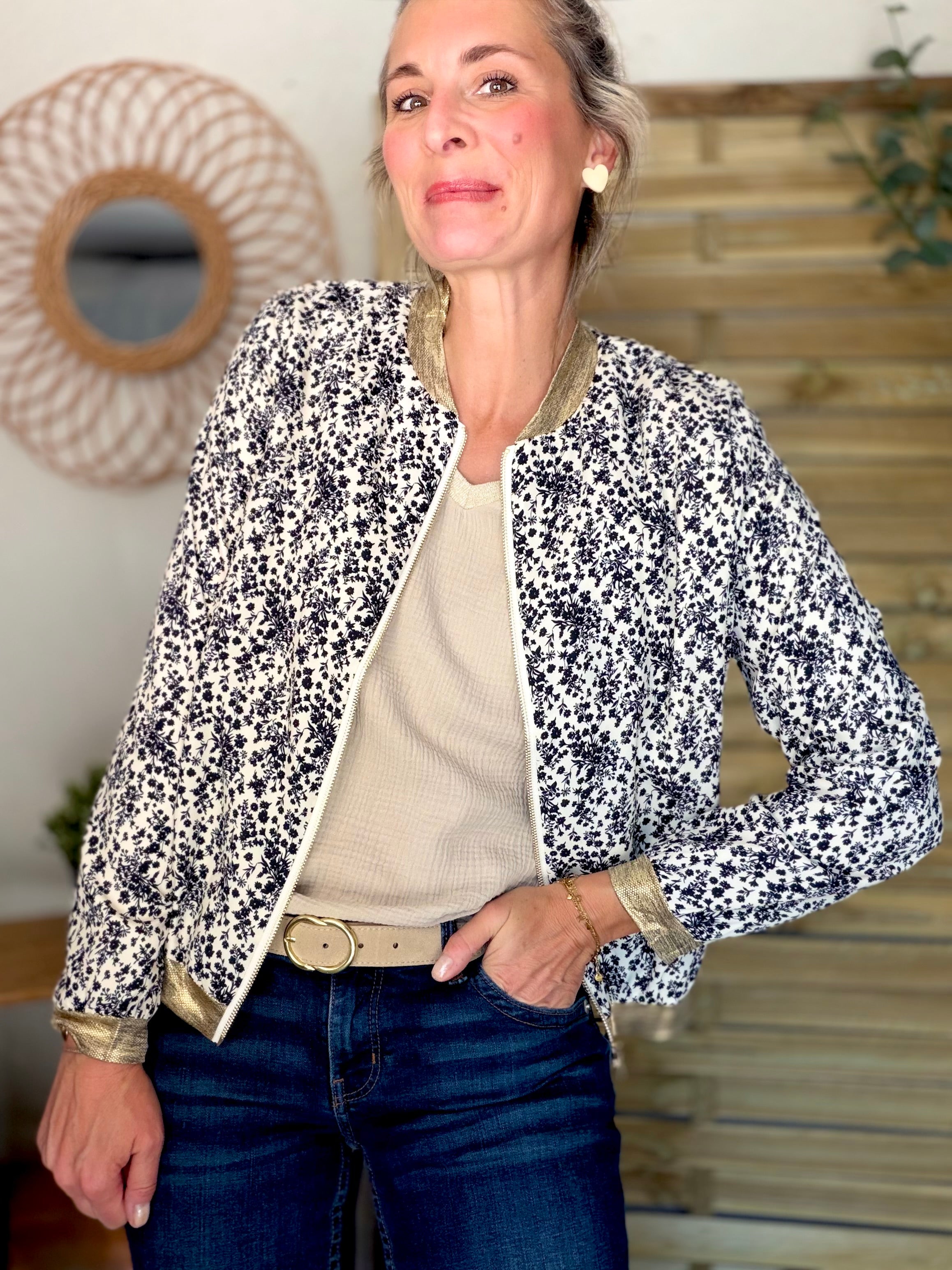 ⚡️ ARRIVAGE - Veste bombers feuilles Écru / Noir BROOKE