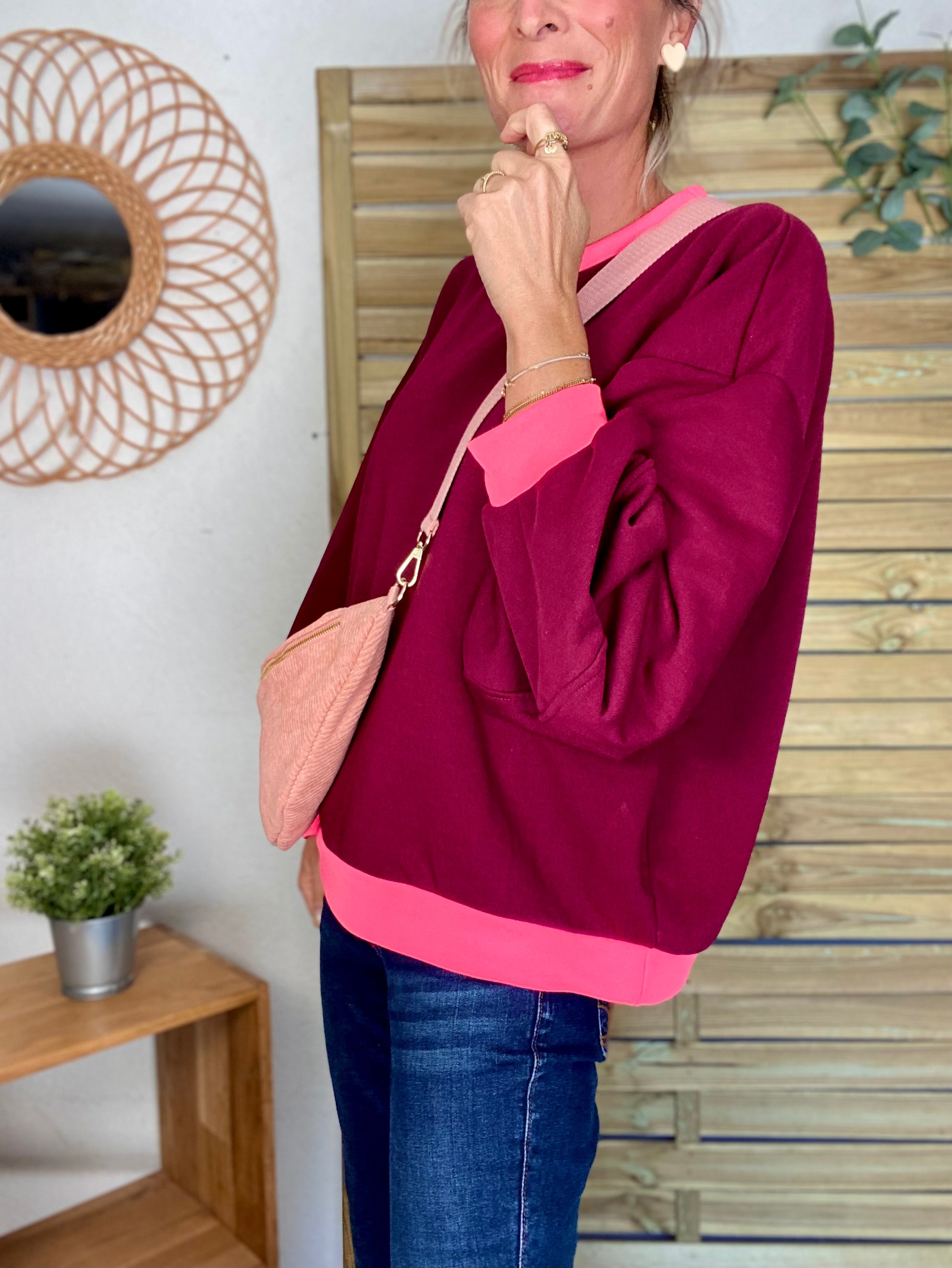 Sweat oversize uni Bordeaux/Rose fluo ISALINE