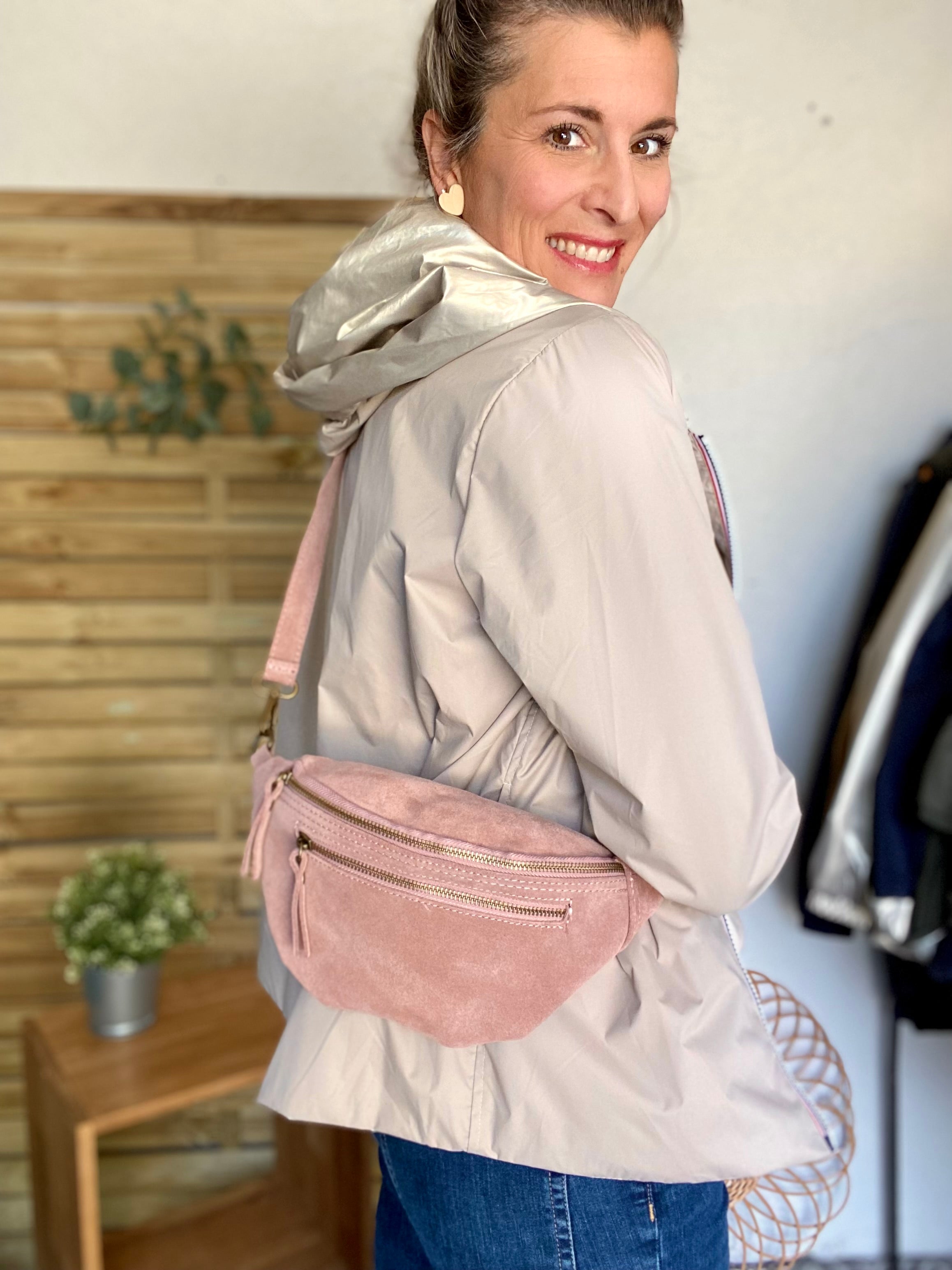 Sac banane double poche en cuir daim - OPALINE - Rose clair / Vieux rose (14 coloris)