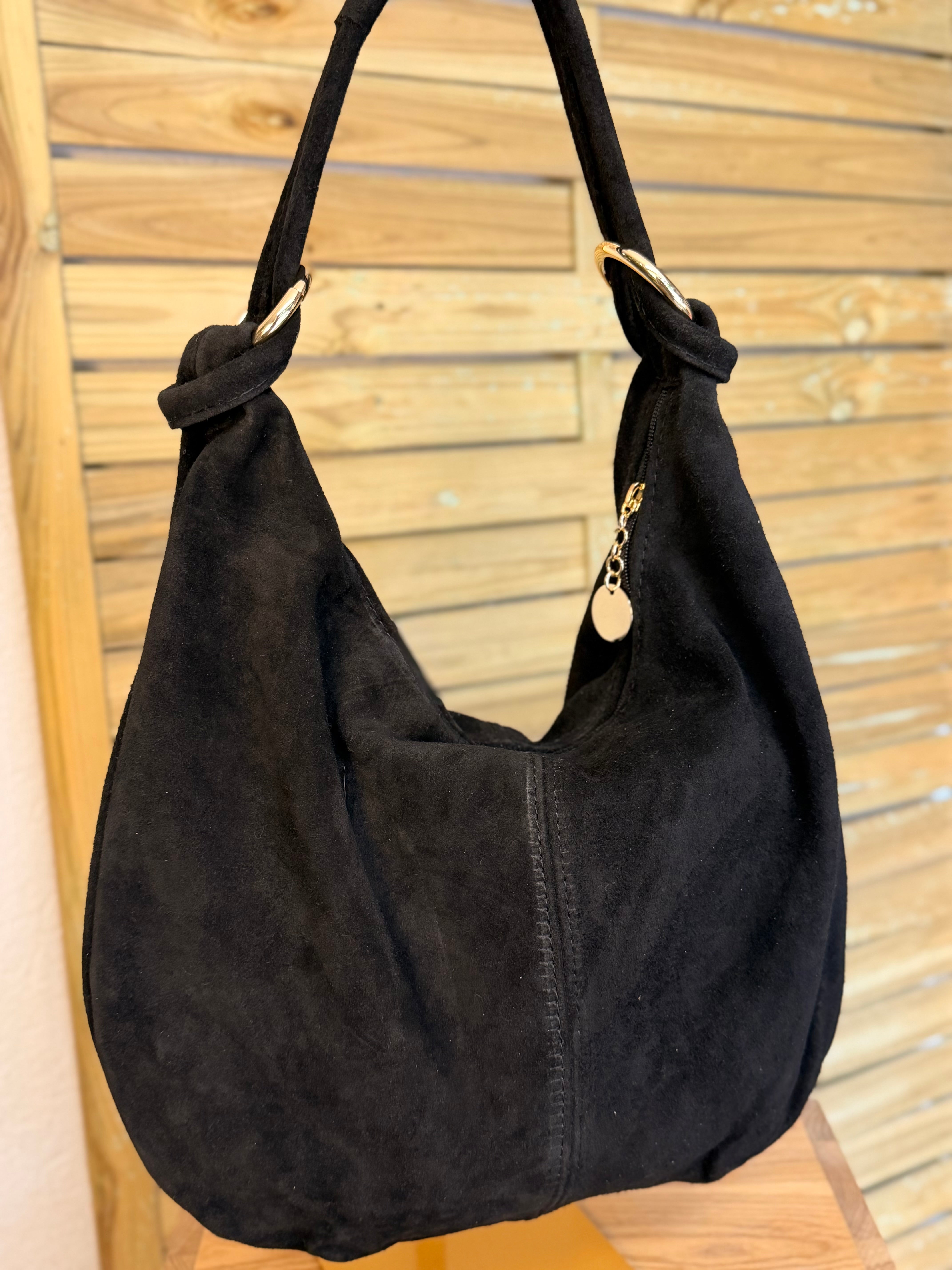 Sac besace hobo en cuir daim souple avec anneaux WILLIAM - Noir