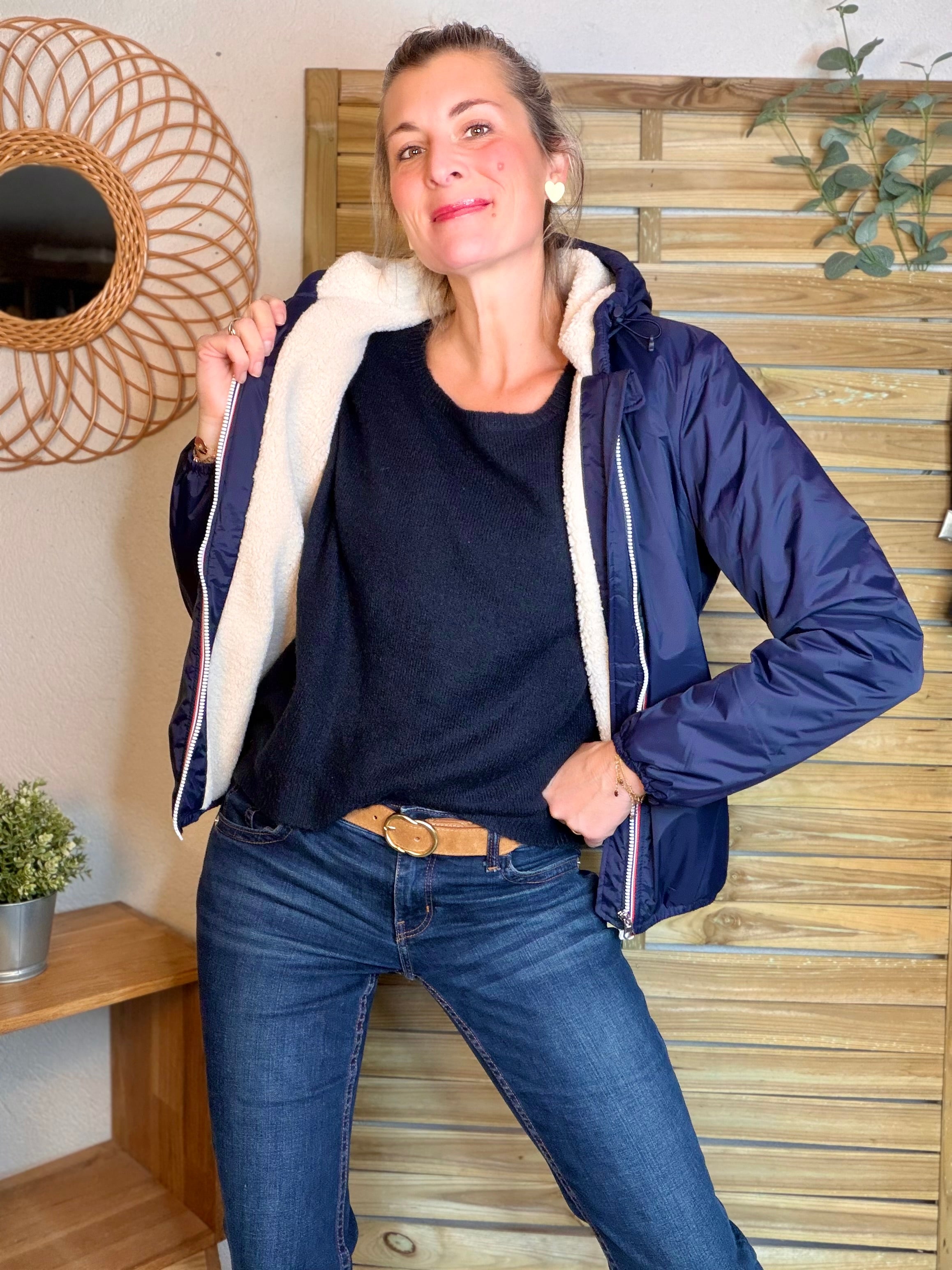 Parka Imperméable LOUISE COURT sherpa - Bleu marine - LAURA JO (DÉSTOCKAGE Taille L)