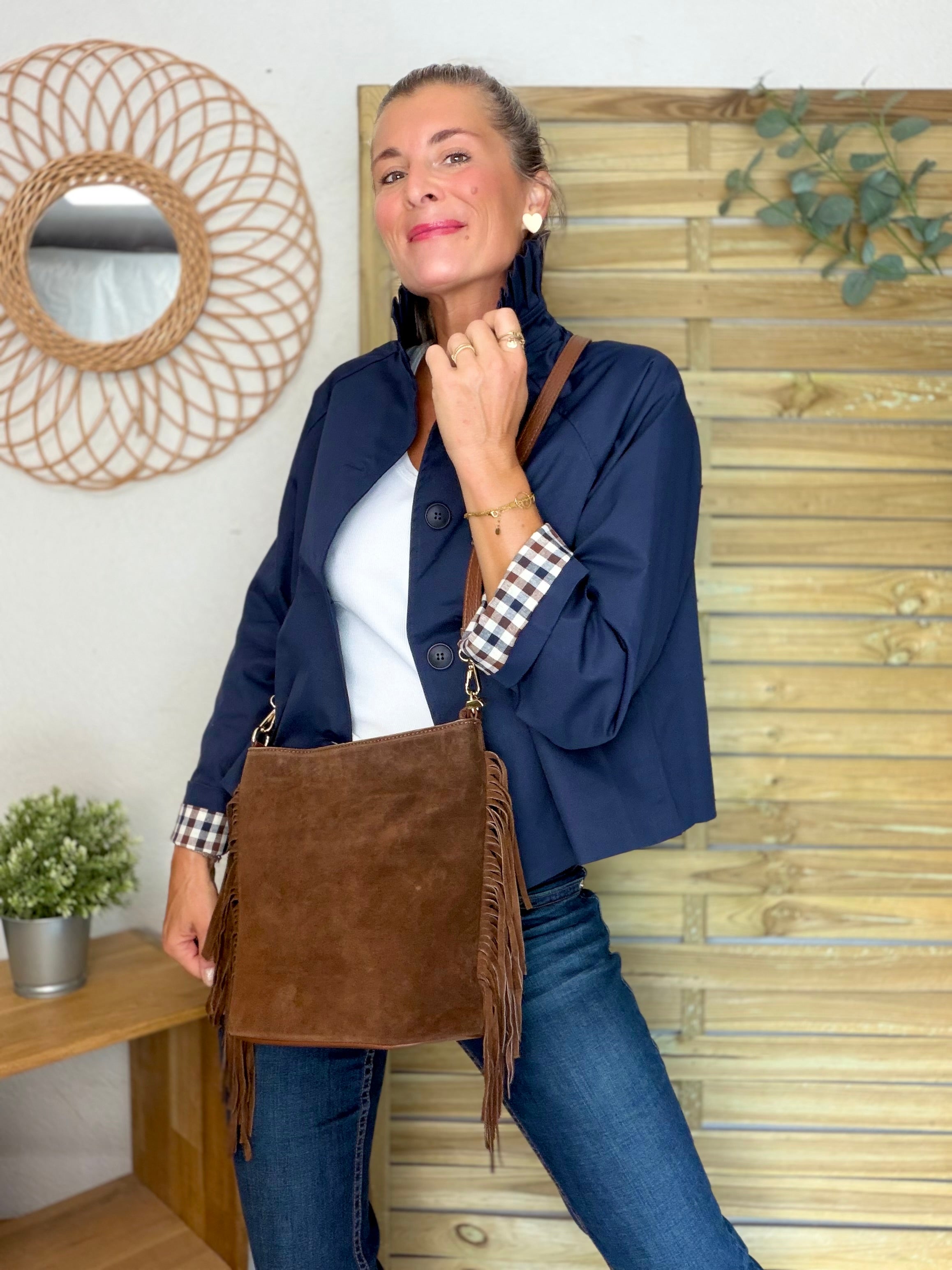 Veste Trench col victorien, revers carreaux - VICKY Bleu marine